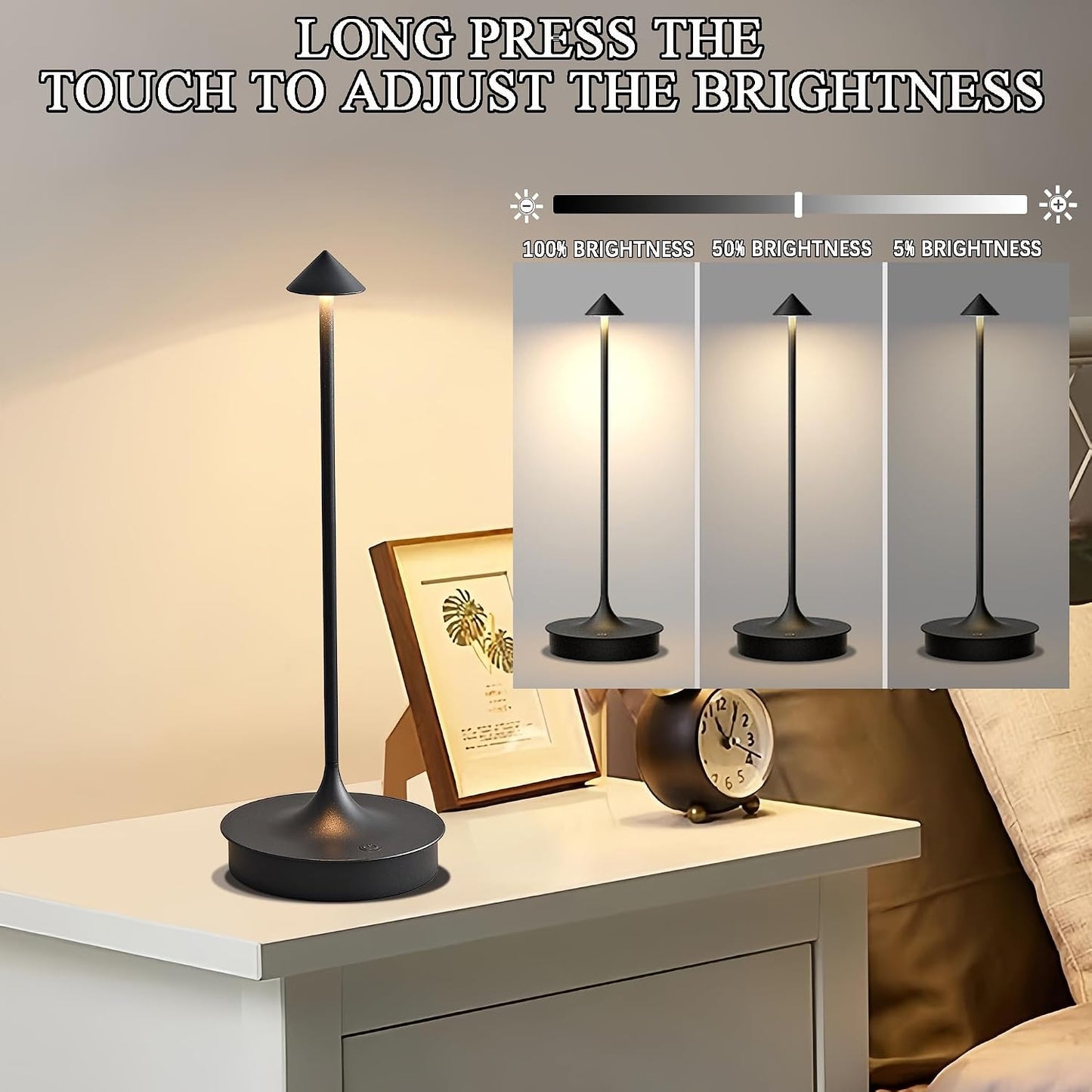 Cordless Table Lamps Rechargeable, Black 2PC | LED Desk Lamp 4000mAh Battery Operated Outdoor Waterproof Portable Touch