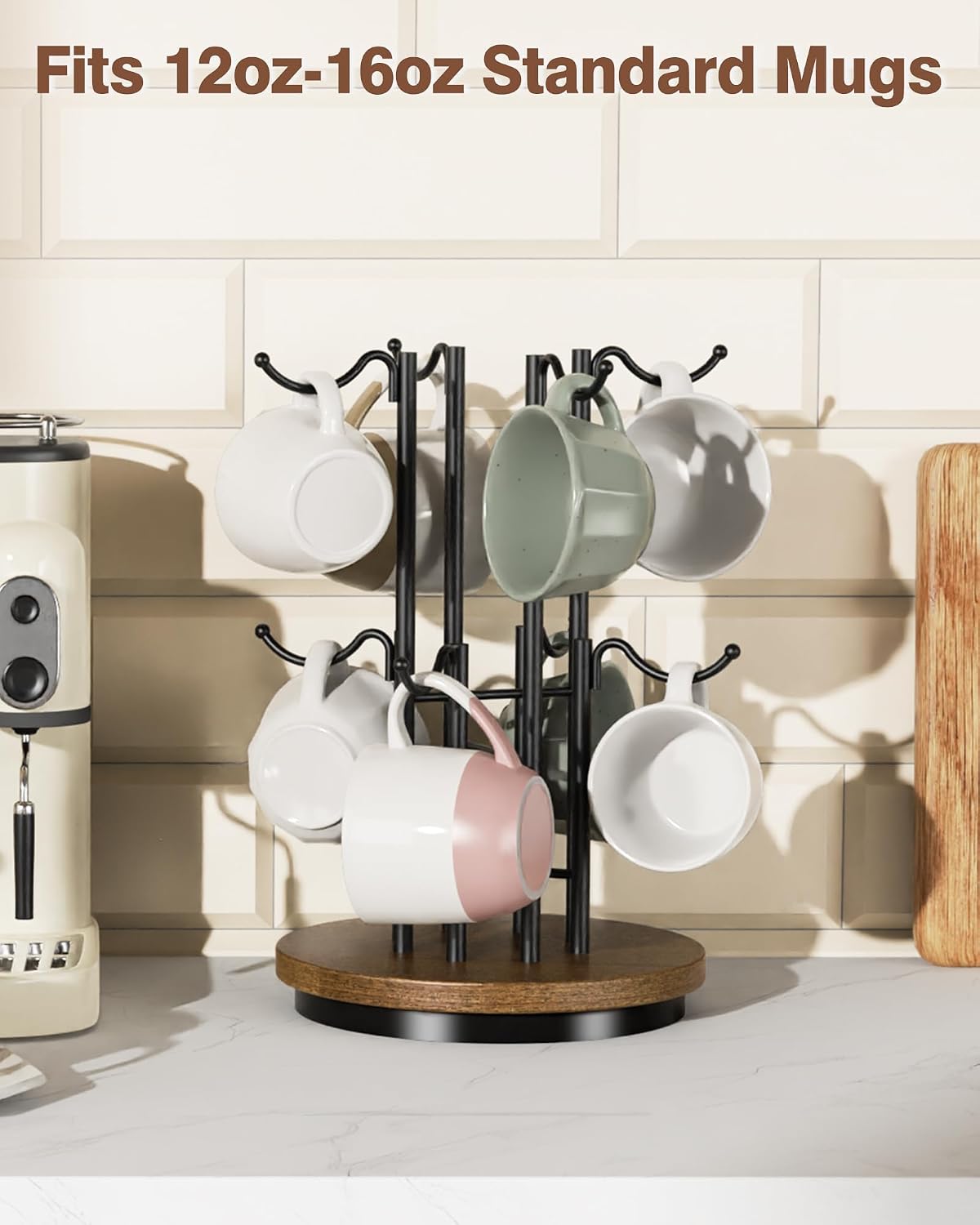 8-Hook 360° Rotating Large Coffee Mug Tree for Counter, Wood Base, Brown | 360° rotation, 8 mugs (12-16oz), 5.7"