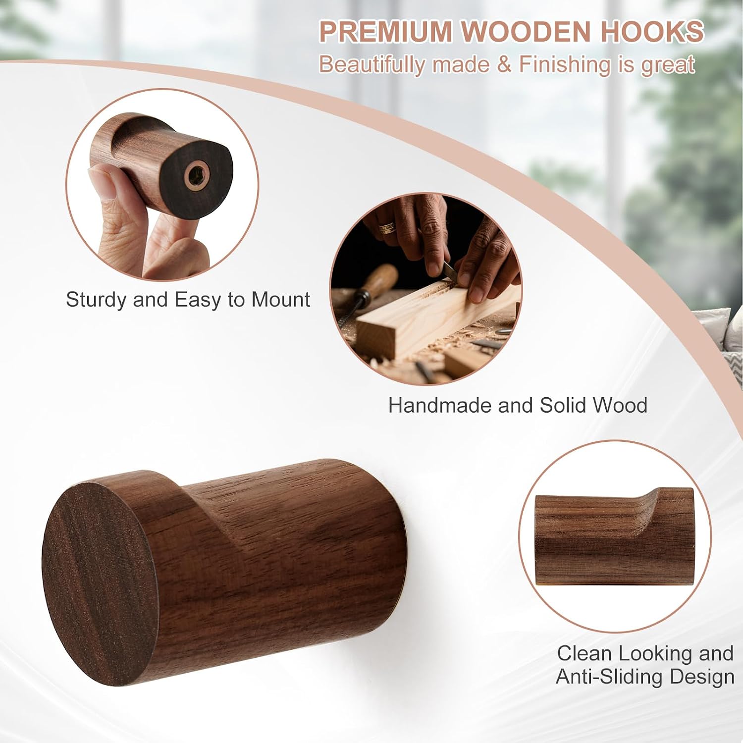 Wood Wall Hooks for Hanging / Black Walnut / Set of 6
