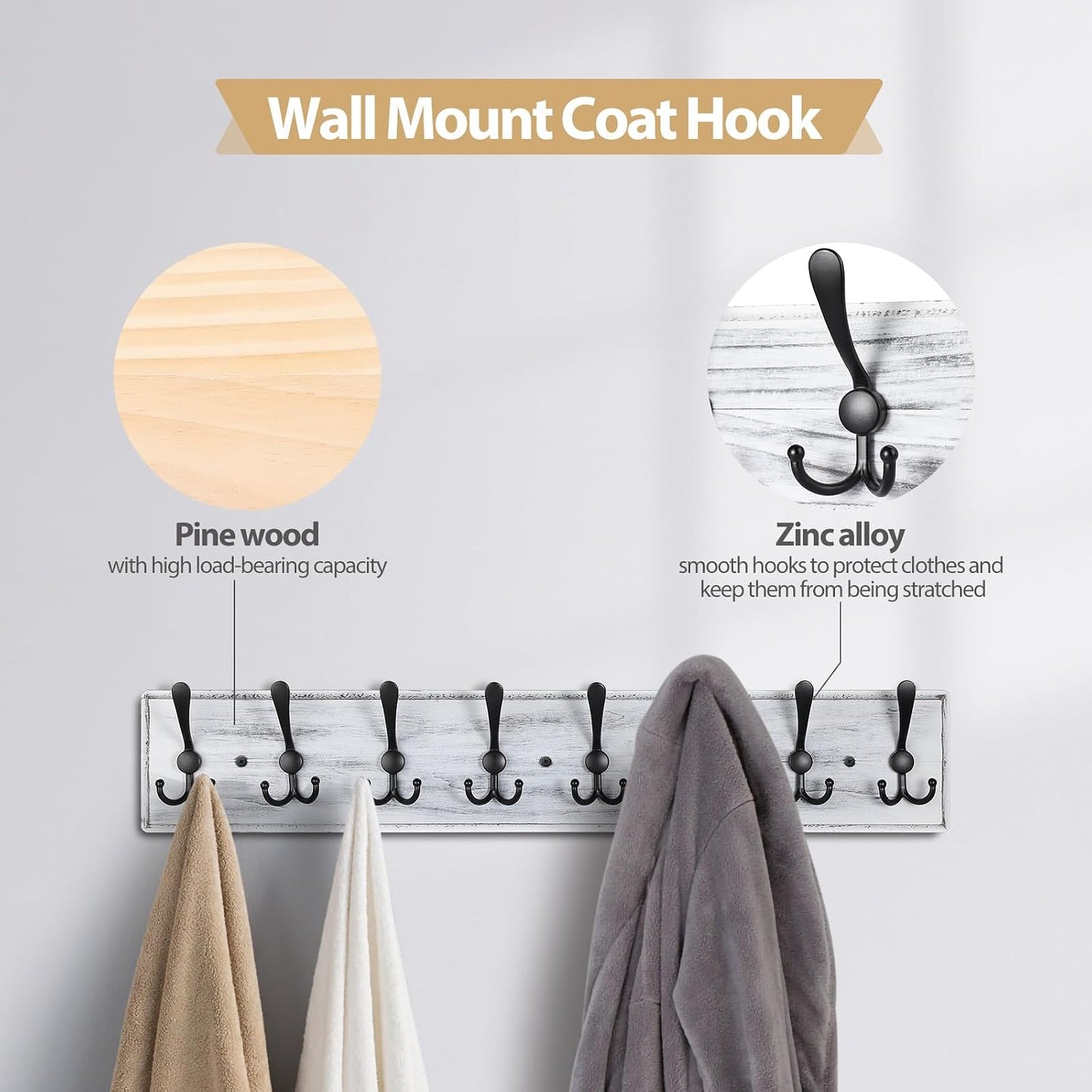Coat Rack Wall Mount, Wooden Heavy Duty Coat Rack for Wall,8 Triple Coat Hanger Hooks for Hanging