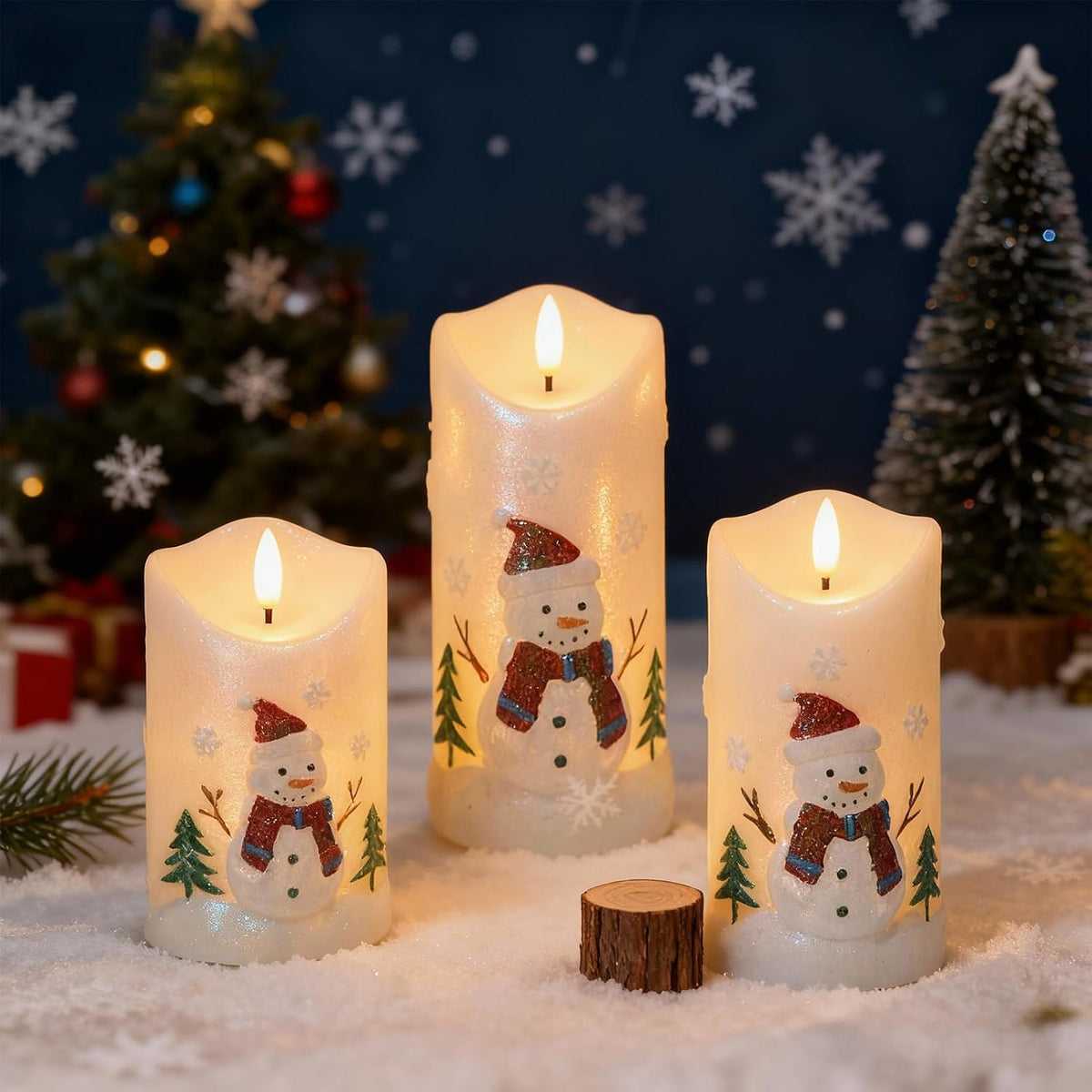 Snowman Carved Flameless Candle Battery Operated with Remote Timer | LED Flickering Pillar Long Lasting, Real Wax Hand