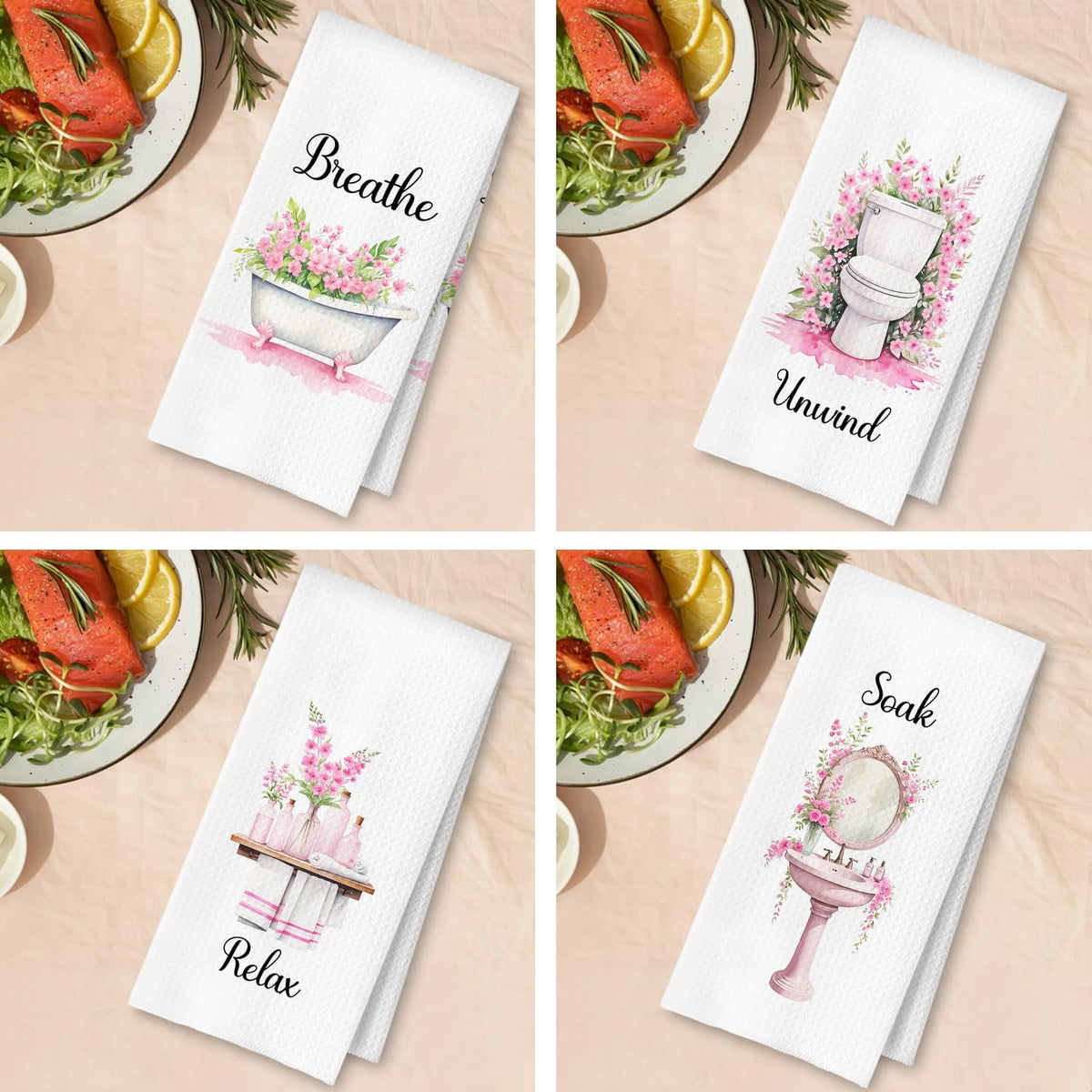 Farmhouse Pink Botanical Bathroom Hand Towels, Relax Breathe Soak Unwind Botanical Decorative Hand Towels for Gym Yoga