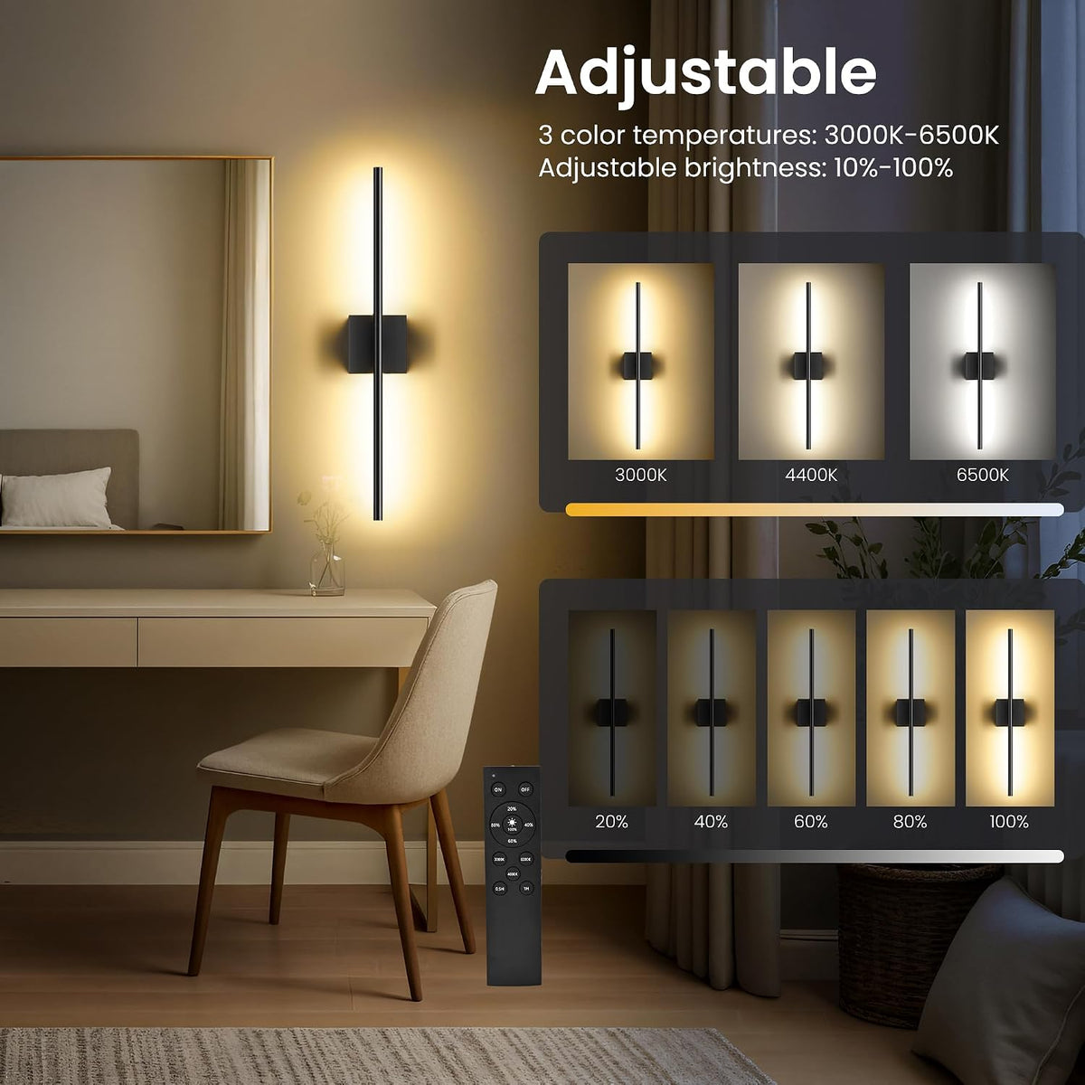 10000mAh Rechargeable Wall Lights, Black, 29 Inch, 3CCT, 2 Pack | Battery Operated Wall Sconces Set of 2, Remote