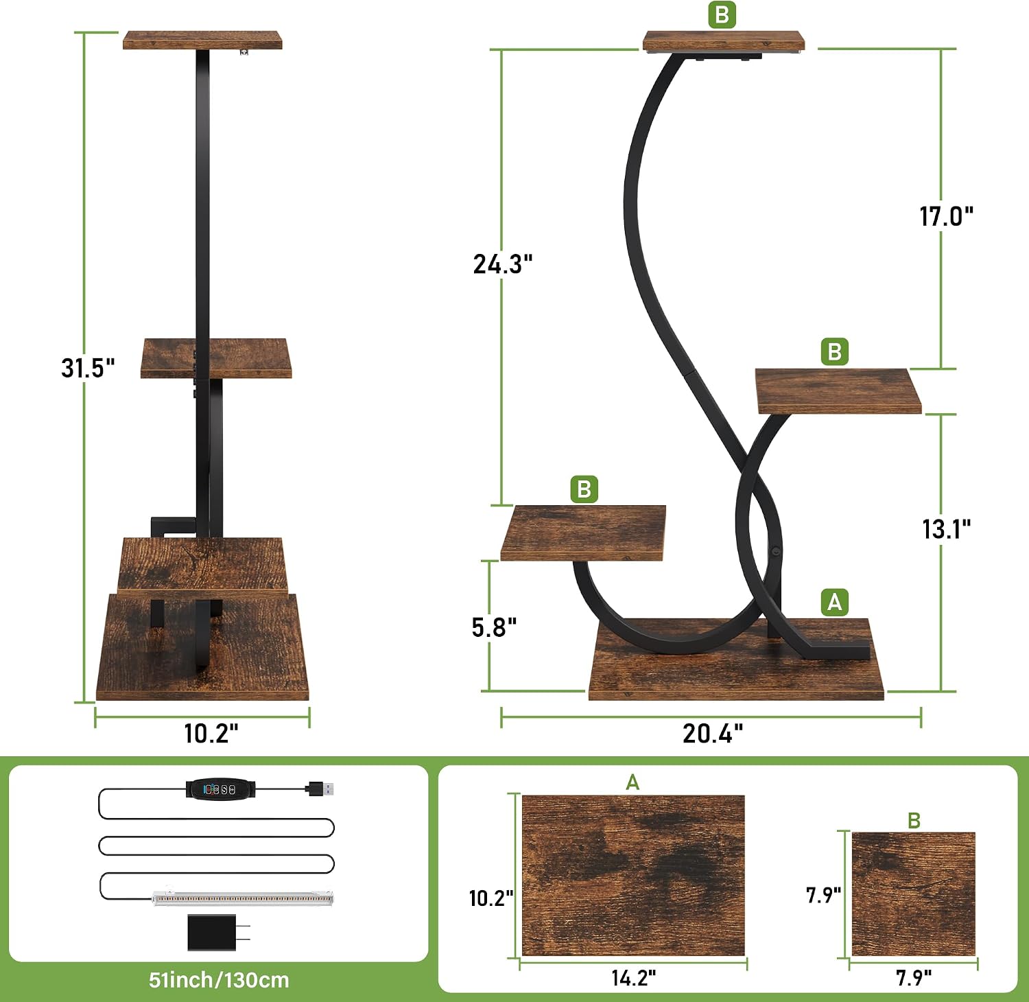 BACEKOLL Plant Stand with Grow Lights 4 Tier Metal Indoor Plant Shelf 32" | S-Shaped Corner Plant Stands Indoor, Grow