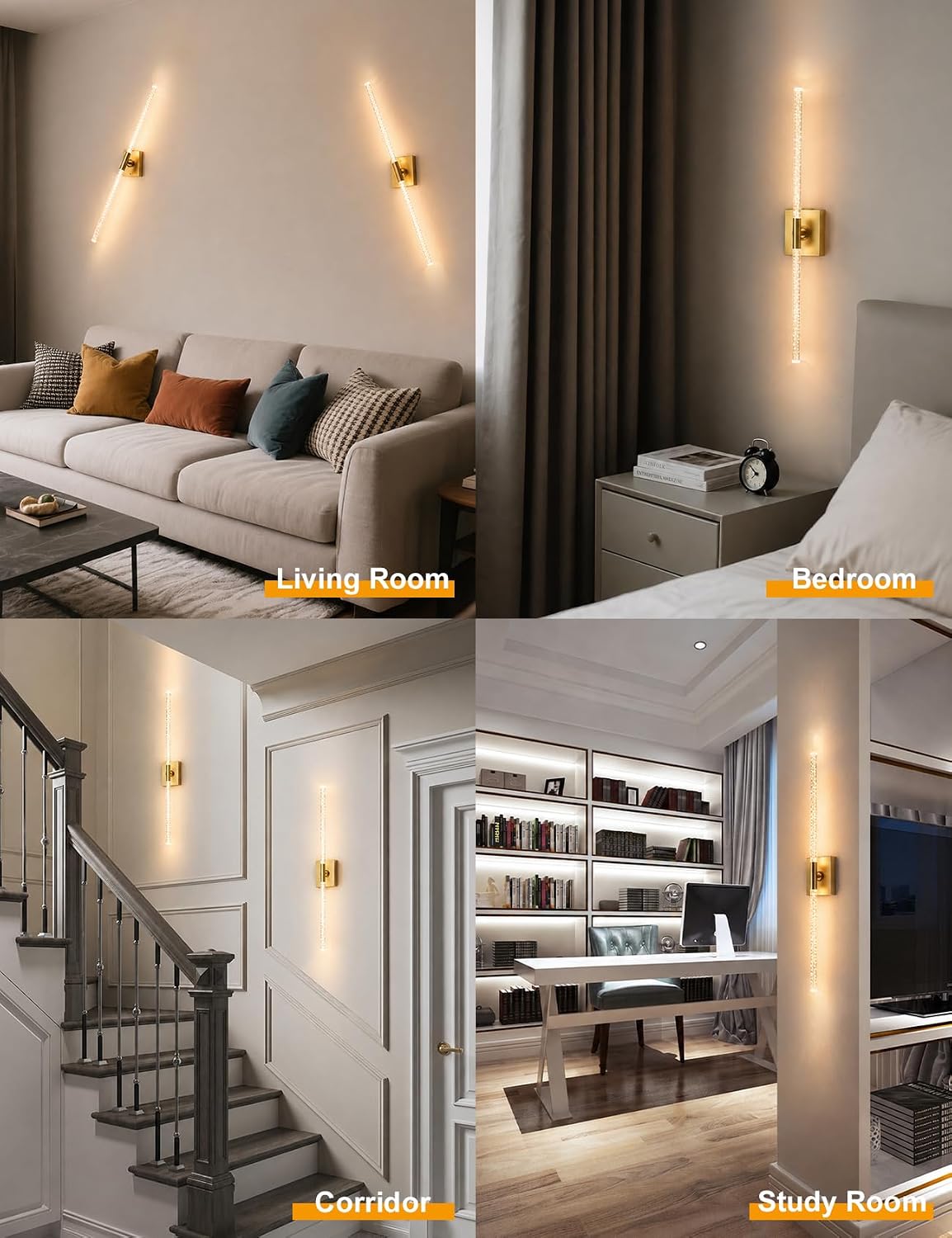 Rechargeable Wall Sconces Set of 2, Gold Crystal Bubble Wireless Wall Light | 10000mAh, Remote Control, 3000K-6000K