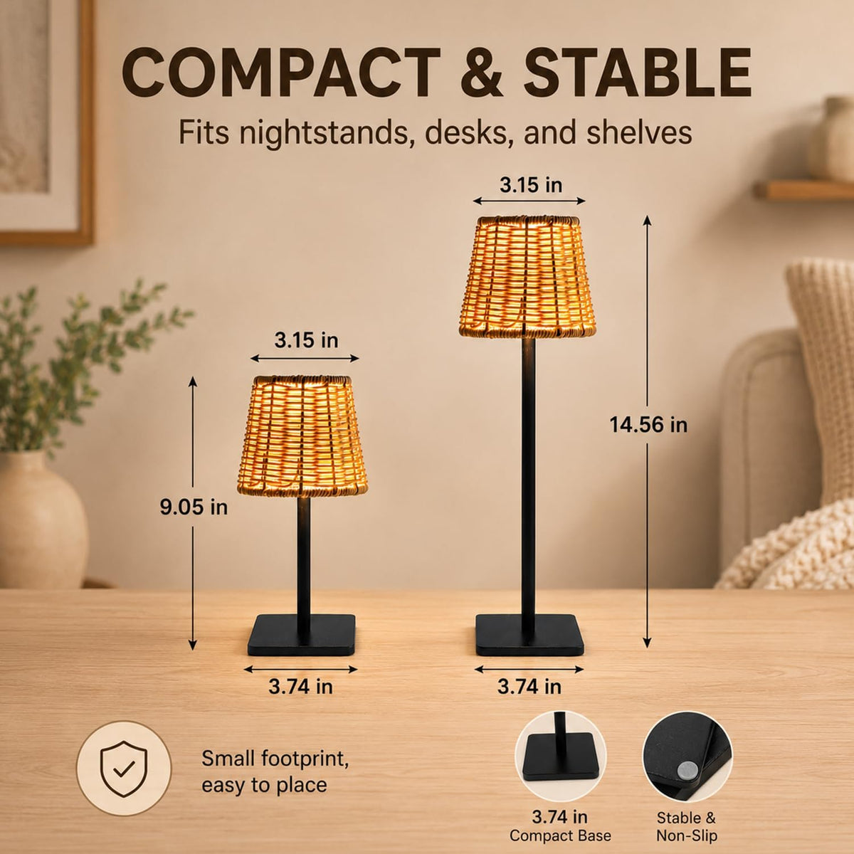 2 Pack Rattan Table Lamp, Rechargeable Small Wicker Lamp | Wedding Cordless Boho Rattan Lamp Shade with Dimmable LED