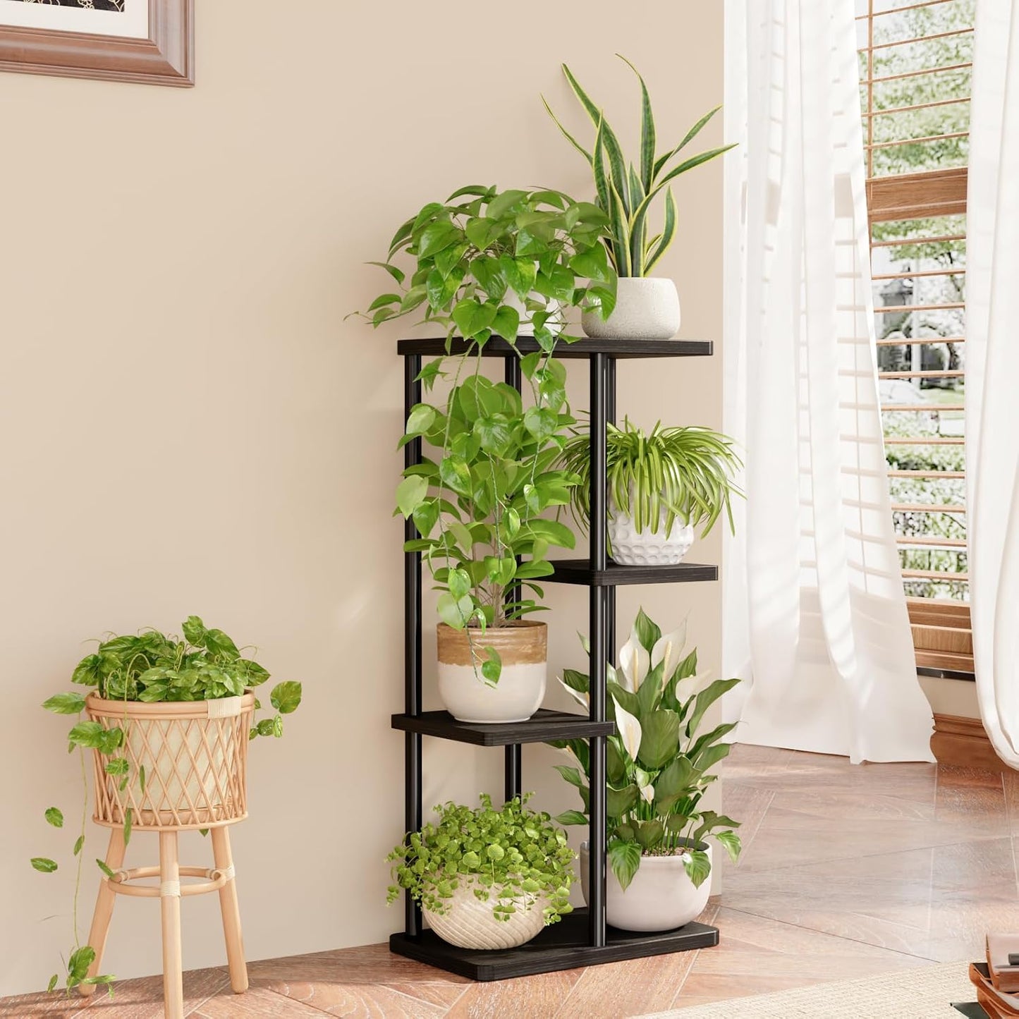 Bamworld Plant Stand 4 Tier Corner Metal Shelf Black | Tiered shelf displays multiple plants in living rooms, bedrooms