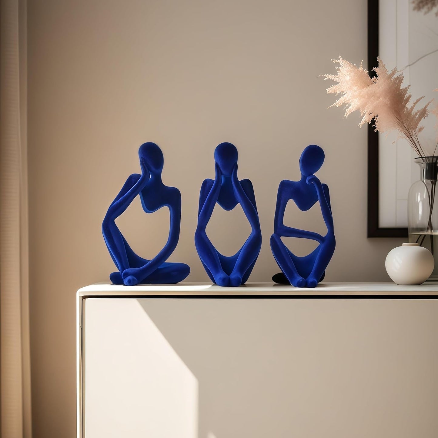 Thinker Statue Home Decor-Bookshelf & Living Room&Mantel-Collectible / Flocking Blue / Set of 3