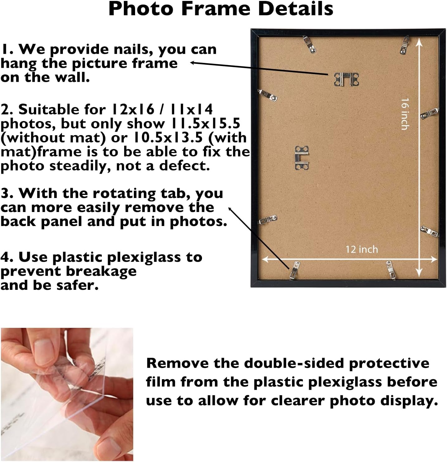 JCJMY 12x16 Picture Frame Set of 4 Black with 11x14 Mat, Display Photo 11x14 with Mat or 12 x 16 Without Mat, Wall