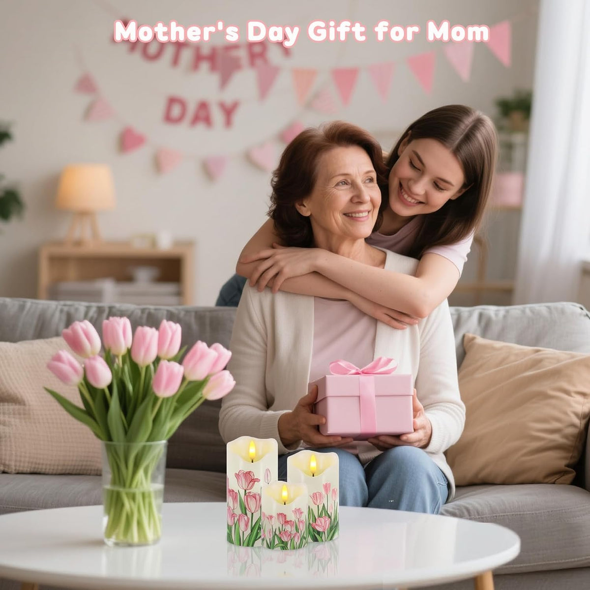 Tulip Flameless Candles Set of 3, Spring LED Candles with Remote & Timer | Flickering Real Wax Pillar Candles Battery