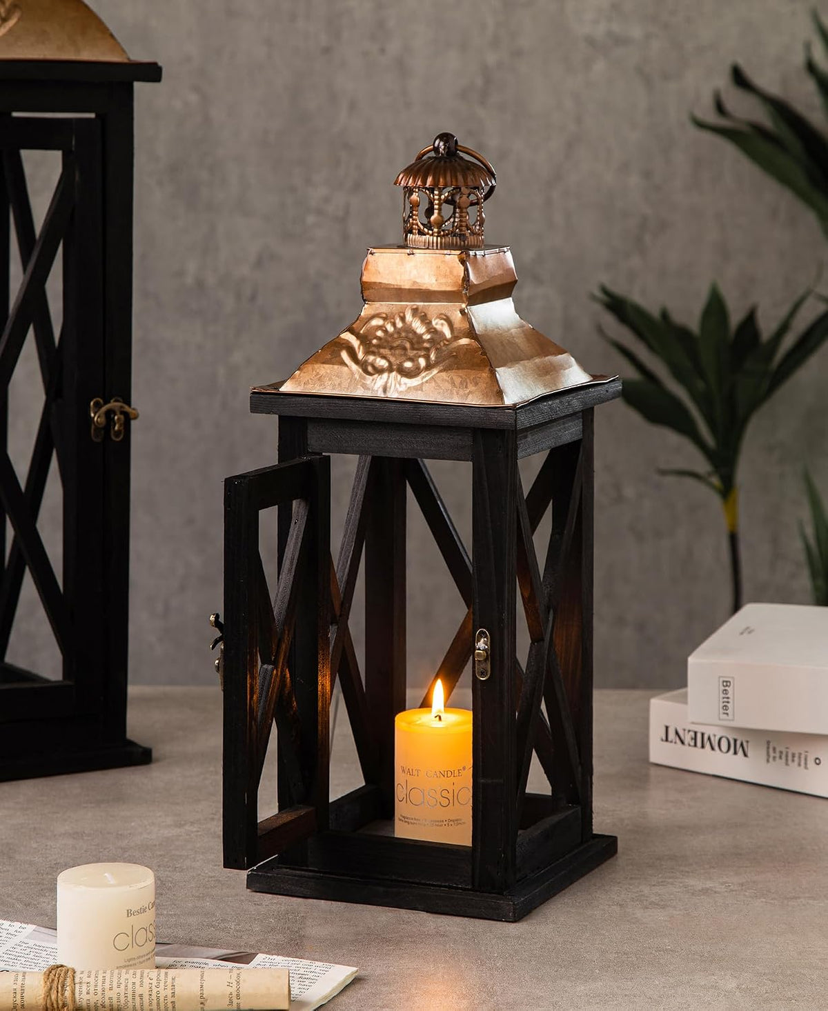 Large Farmhouse Wooden Lanterns with Metal Top, Decorative Floor Lanterns Set of 2, Black Frame with Rustic Gold
