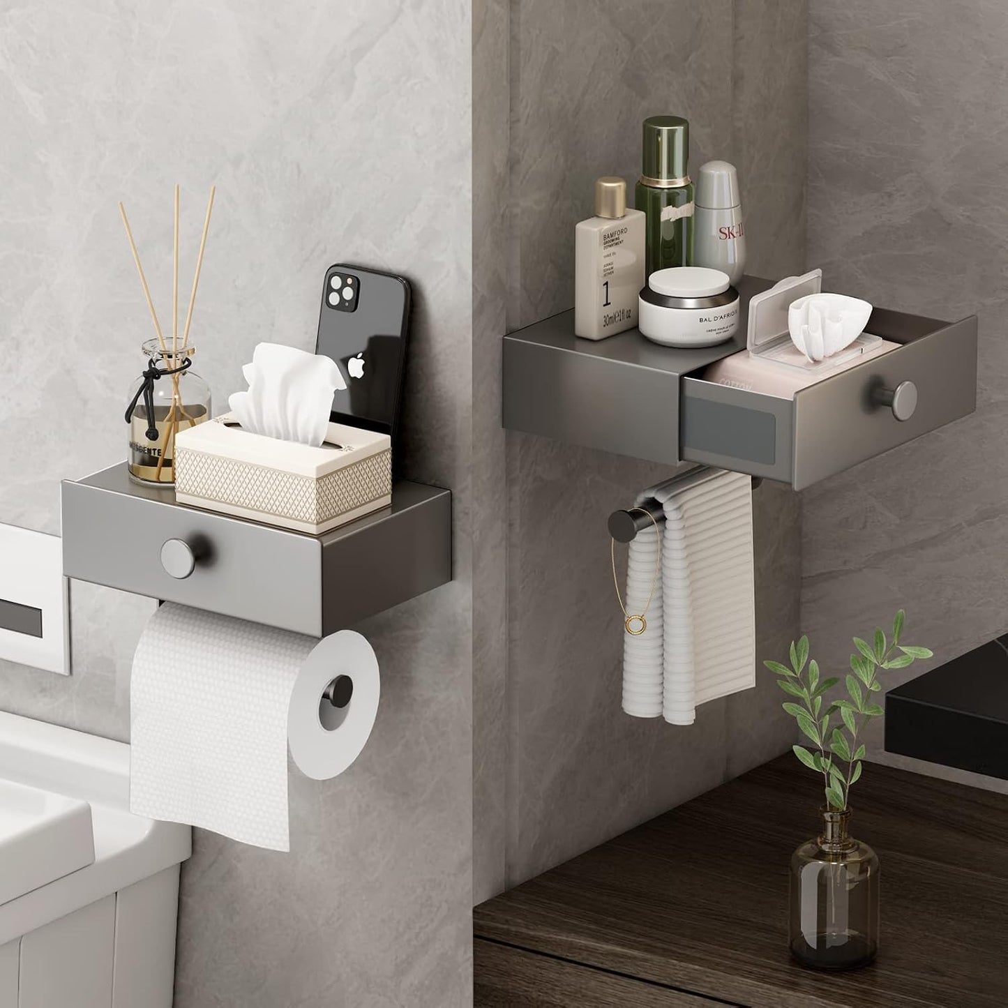 VOLDRA Toilet Paper Holder with Shelf Gray Wipes Dispenser for Bathroom Toilet Paper Holder with Storage Upgrade Drawer