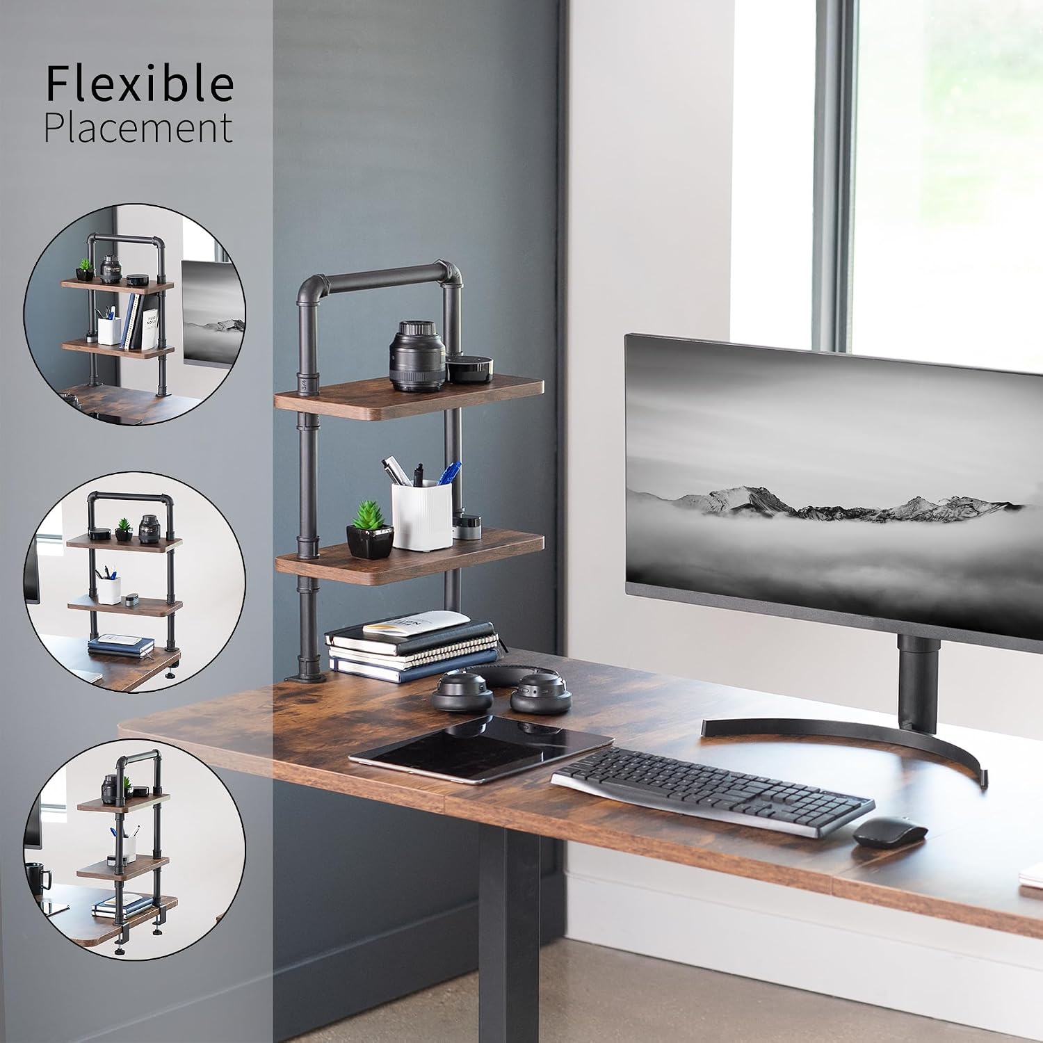 VIVO Clamp-on Premium 16 inch Industrial Pipe 2-Tier Tabletop Shelving, Heavy Duty Desk Extension Organizer, Modern