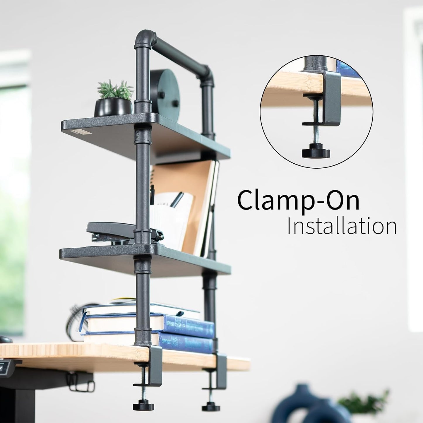 VIVO Clamp-on Premium 16 inch Industrial Pipe 2-Tier Tabletop Shelving, Heavy Duty Desk Extension Organizer, Modern
