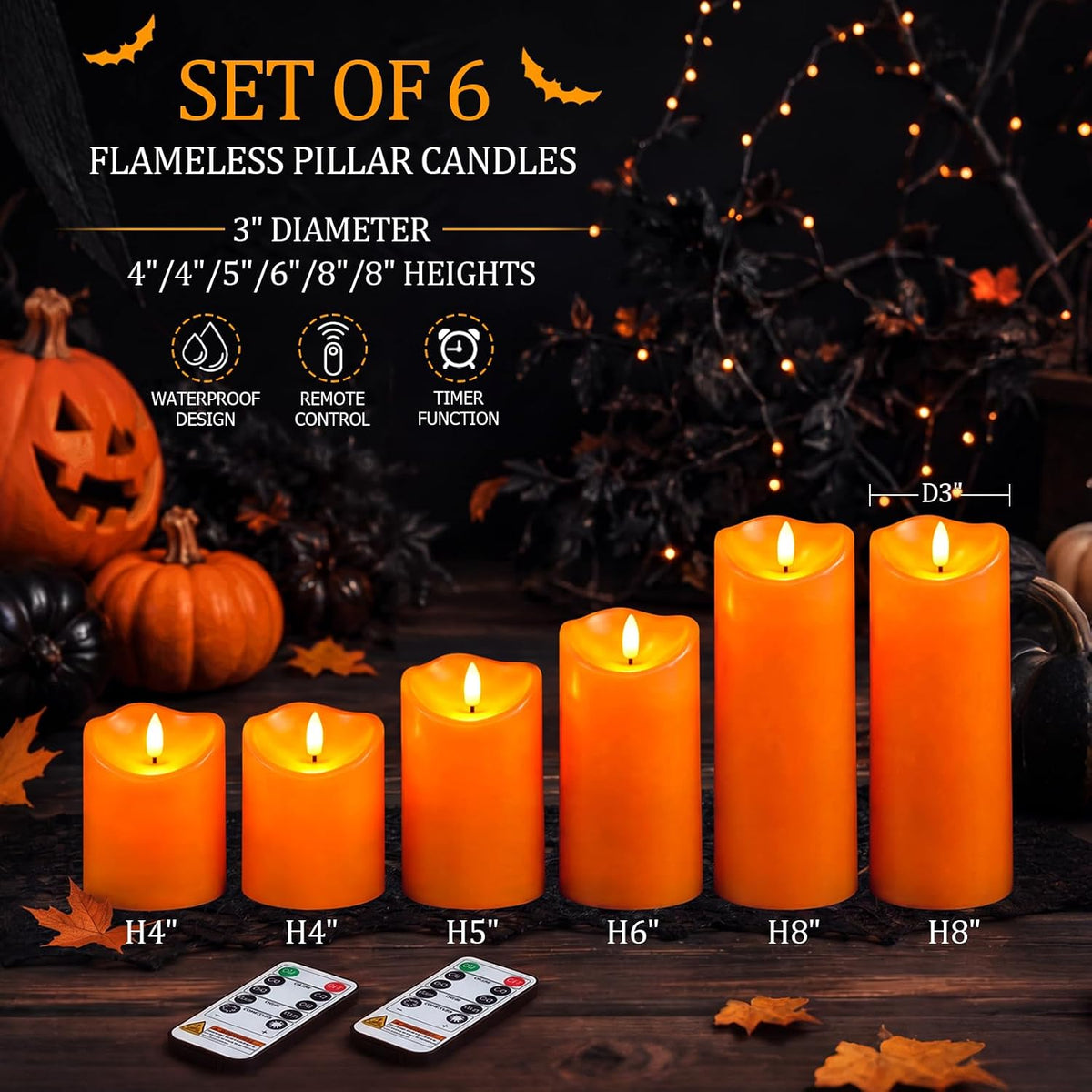 Homemory Halloween Orange Waterproof LED Candles, Remote Timer, Set of 6 | Flameless candles, D3 x H4/4/5/6/8/8 in