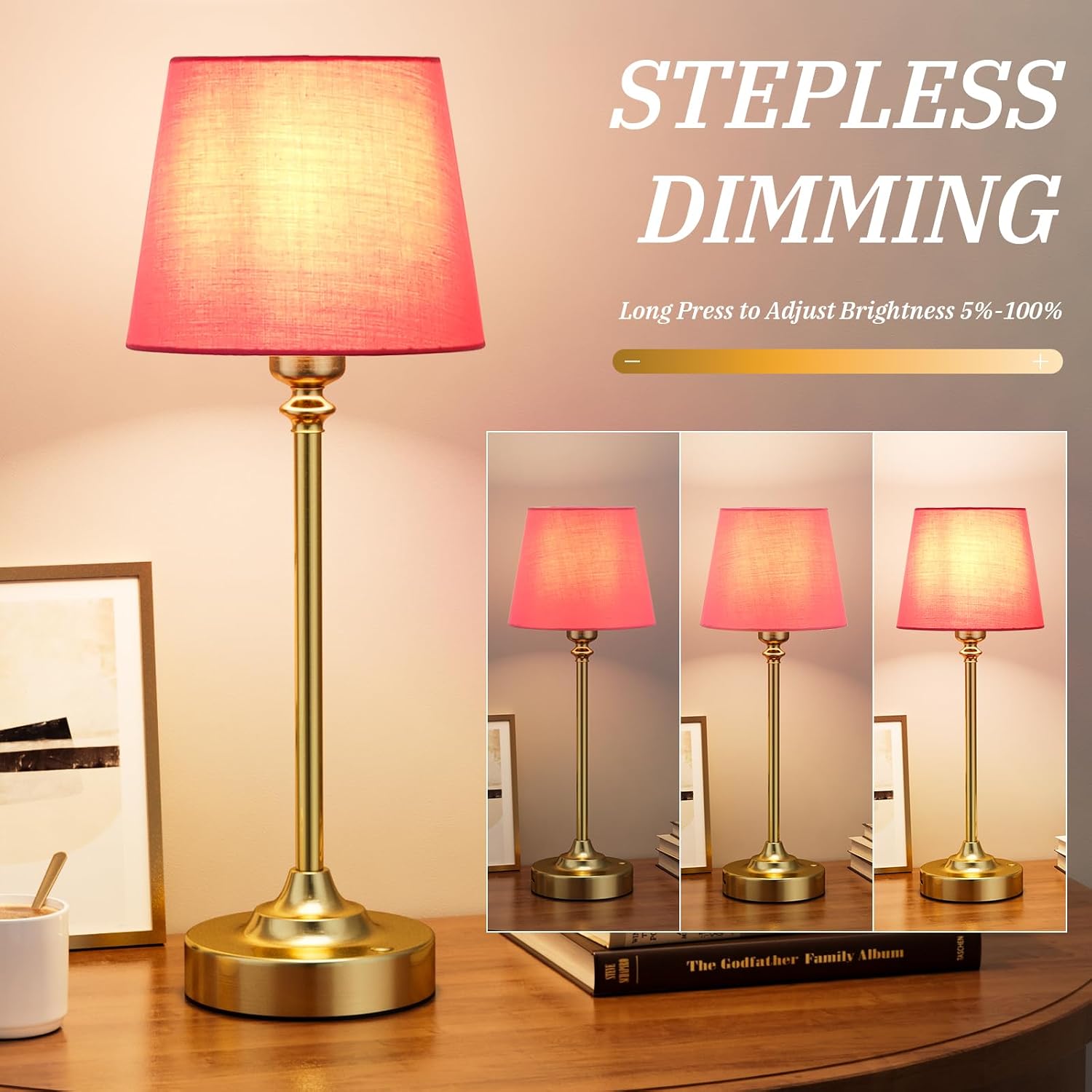 Cordless Table Lamps Rechargeable Set - 2 Pack Brass 4000mAH Battery Operated Lamps for Decor, 3000K Stepless Dimming