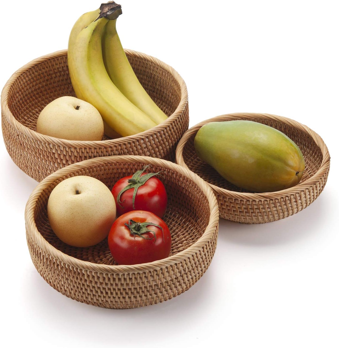 Rattan Fruit Baskets Woven Storage Bowls Key Holder Stackable / Round / Natural / Set of 3
