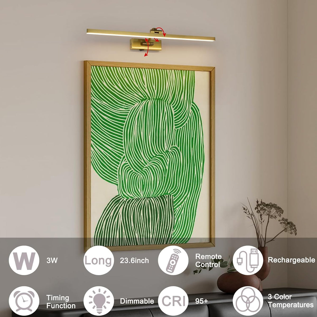 Wireless Picture Lights for Wall Battery Operated, Brass Art Lighting for Paintings Rechargeable Gallery lights with