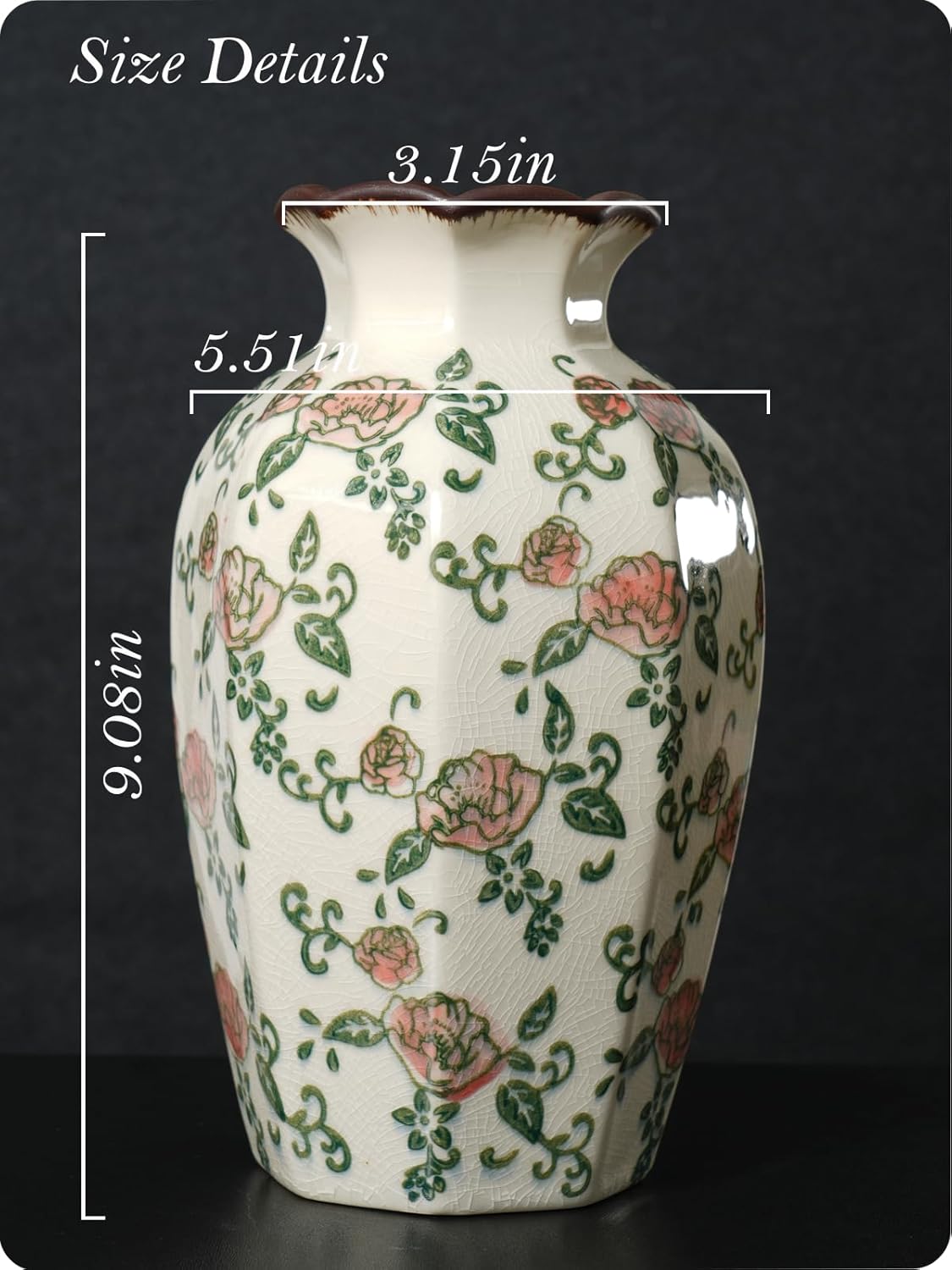Vintage Ceramic Vase / Beige and Red-003 / 9 Inch