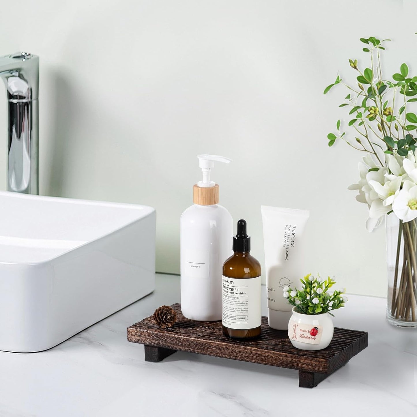 Bathroom Tray Farmhouse Decor Pedestal Stand Wood Riser Display / Drak Brown / 10 x 4.5 x 1.6