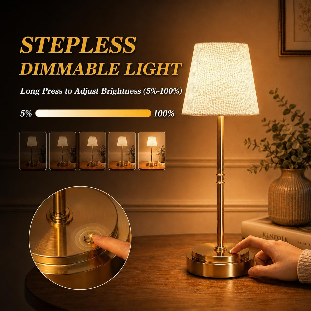 Rechargeable Cordless Table Lamp, Battery Operated Bedside Lamp, Gold | 6000mAh, 4H charge, 12-36H runtime, 2500K warm