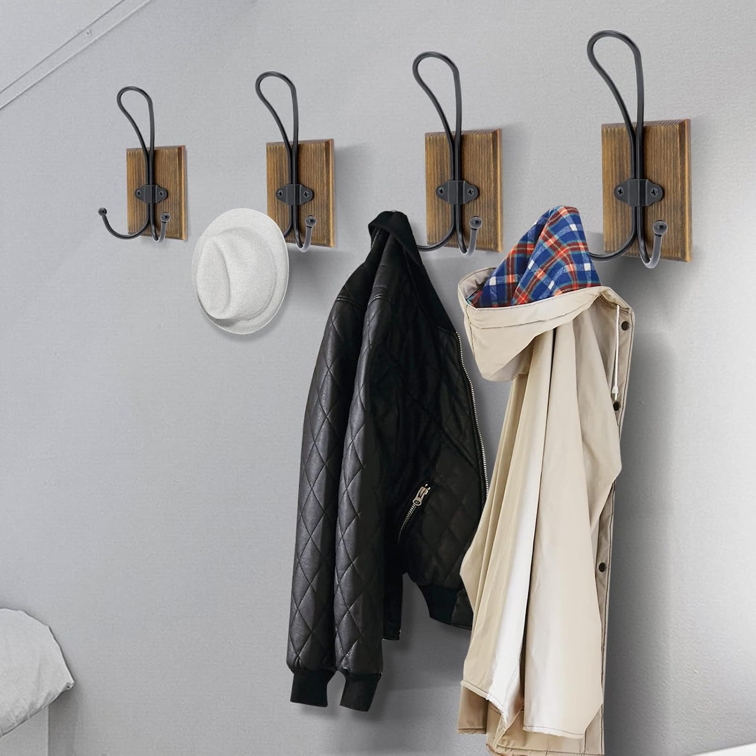 Farmhouse Towel Hooks / Double Hook - Weathered Brown / Set of 2