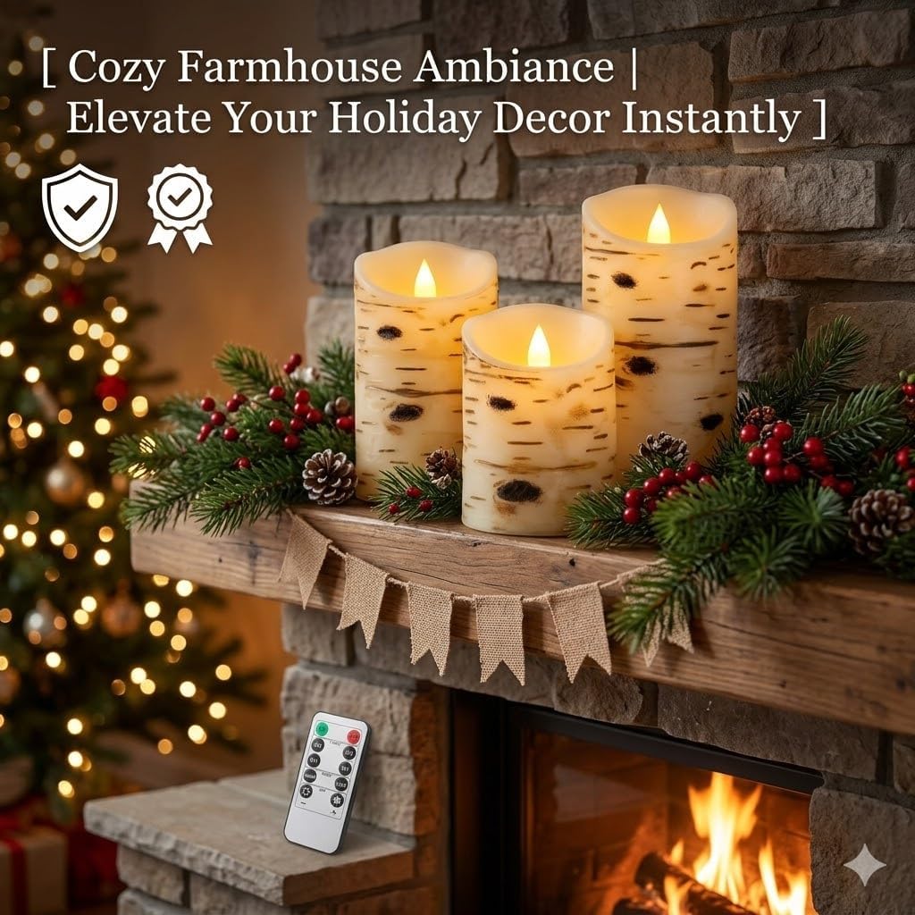 Comenzar Flameless Candles Birch Bark Texture, Flickering Flame Battery Operated LED Candles, Electric Plastic Candles