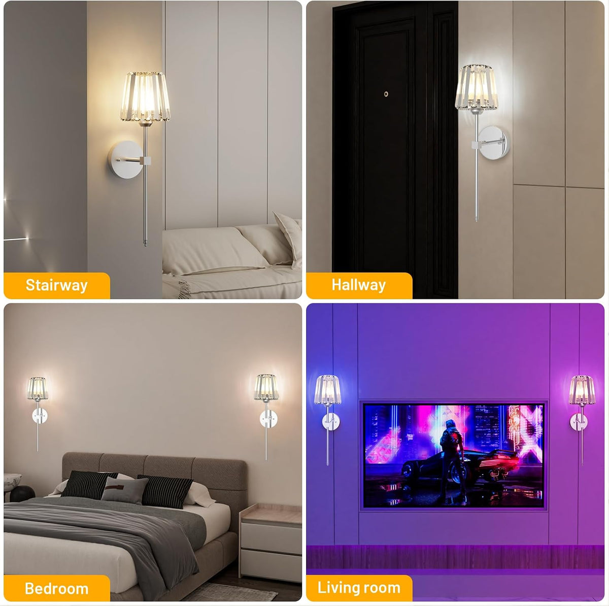 Crystal Battery Operated Wall Sconces Set of 2, Chrome Rechargeable Wireless Wall Lights with Crystal Lampshade, 12 RGB