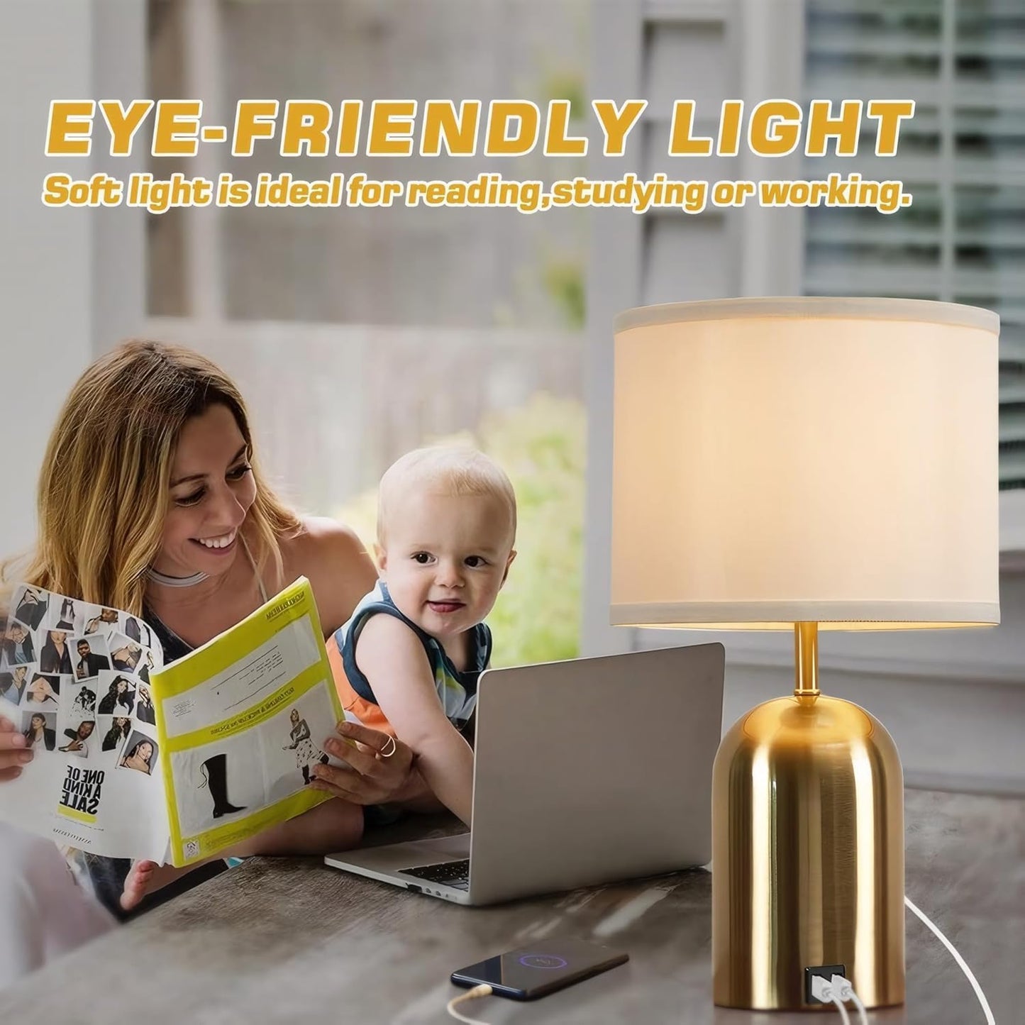 Bedside Lamp with USB Port, Touch Control Table Lamp for Bedroom, Dimmable Modern Nightstand Lamp with Fabric Shade