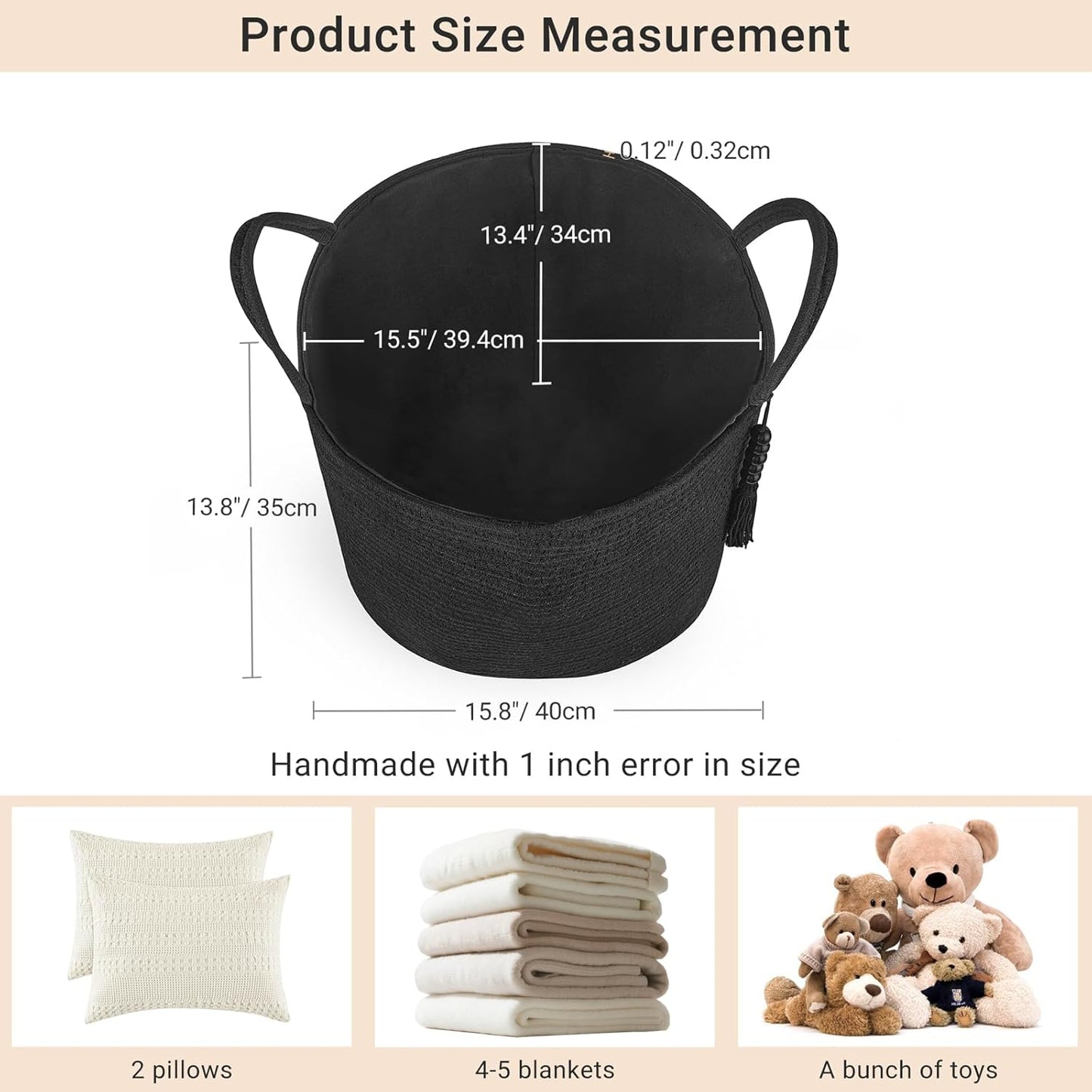 Woven Storage Basket Decorative Natural Rope Basket Wooden Bead Decoration / Black / 16" W x 13.8"L