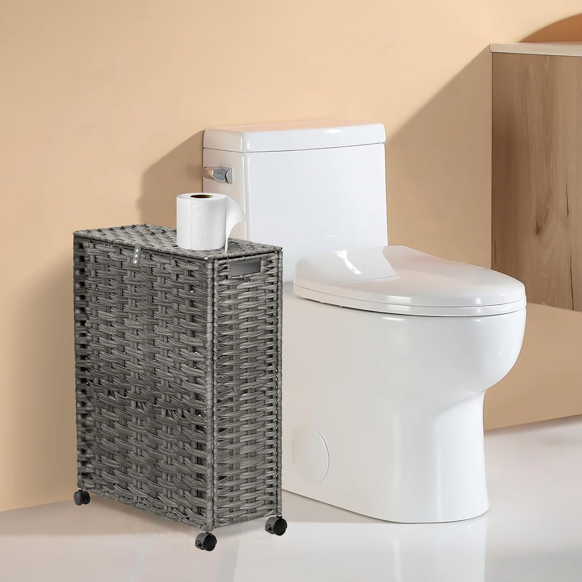Hiagnete Toilet Paper Storage Basket with Lid and Wheels, Rattan Toilet Paper Holder Storage, Toilet Paper Organizer