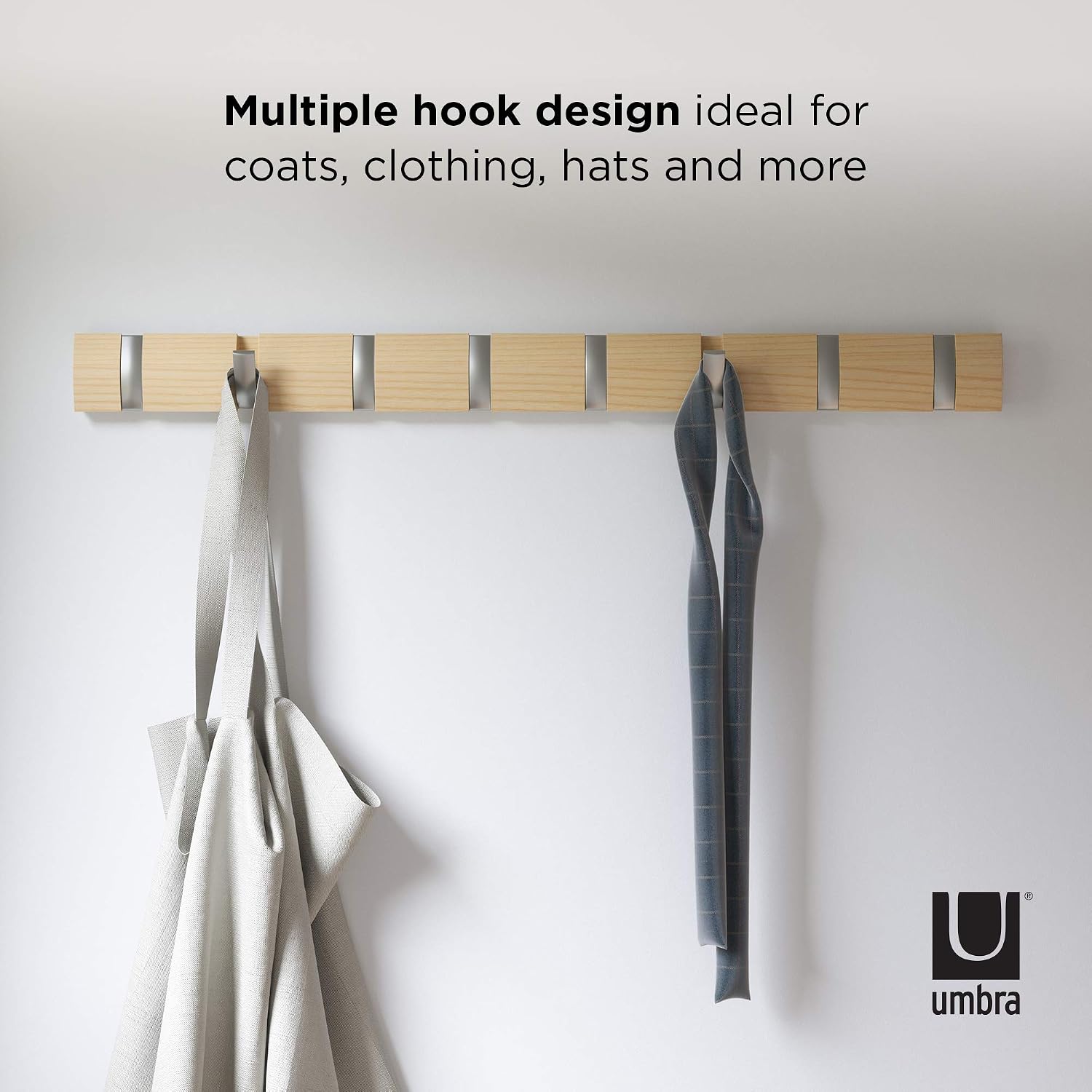 Umbra Flip Coat Rack, Wall Mount 8-Hook, Space Saving, Natural/Nickel | Real wood and steel build, retractable hooks