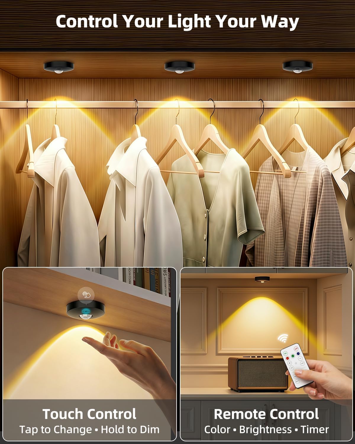 Rechargeable Puck Lights with Remote Control, 1500mAh Battery Operated Tap Lights, Dimmer & Timer Under Cabinet