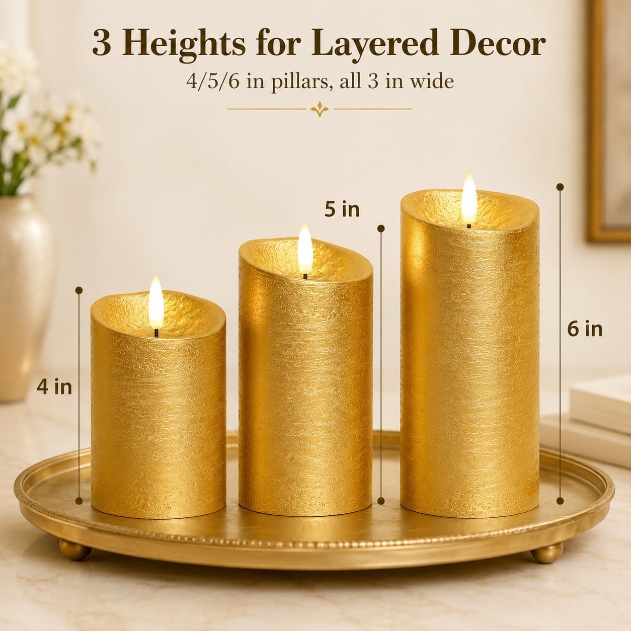 Gold Candles Battery Operated with Remote for Christmas Decor | 3 Inch Diameter, 4 5 6 Inch Heights, Real Wax Gold
