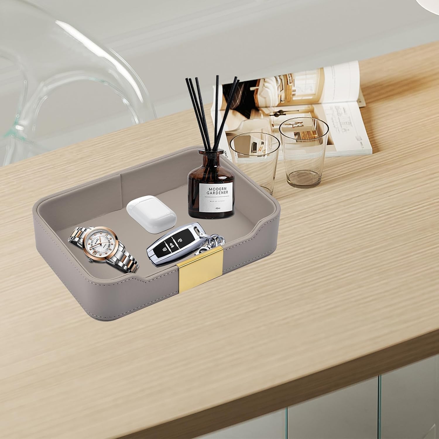 Leather Valet Tray Desktop Storage Organizer / 8.5 x 5.8 x 1.9 / Gray