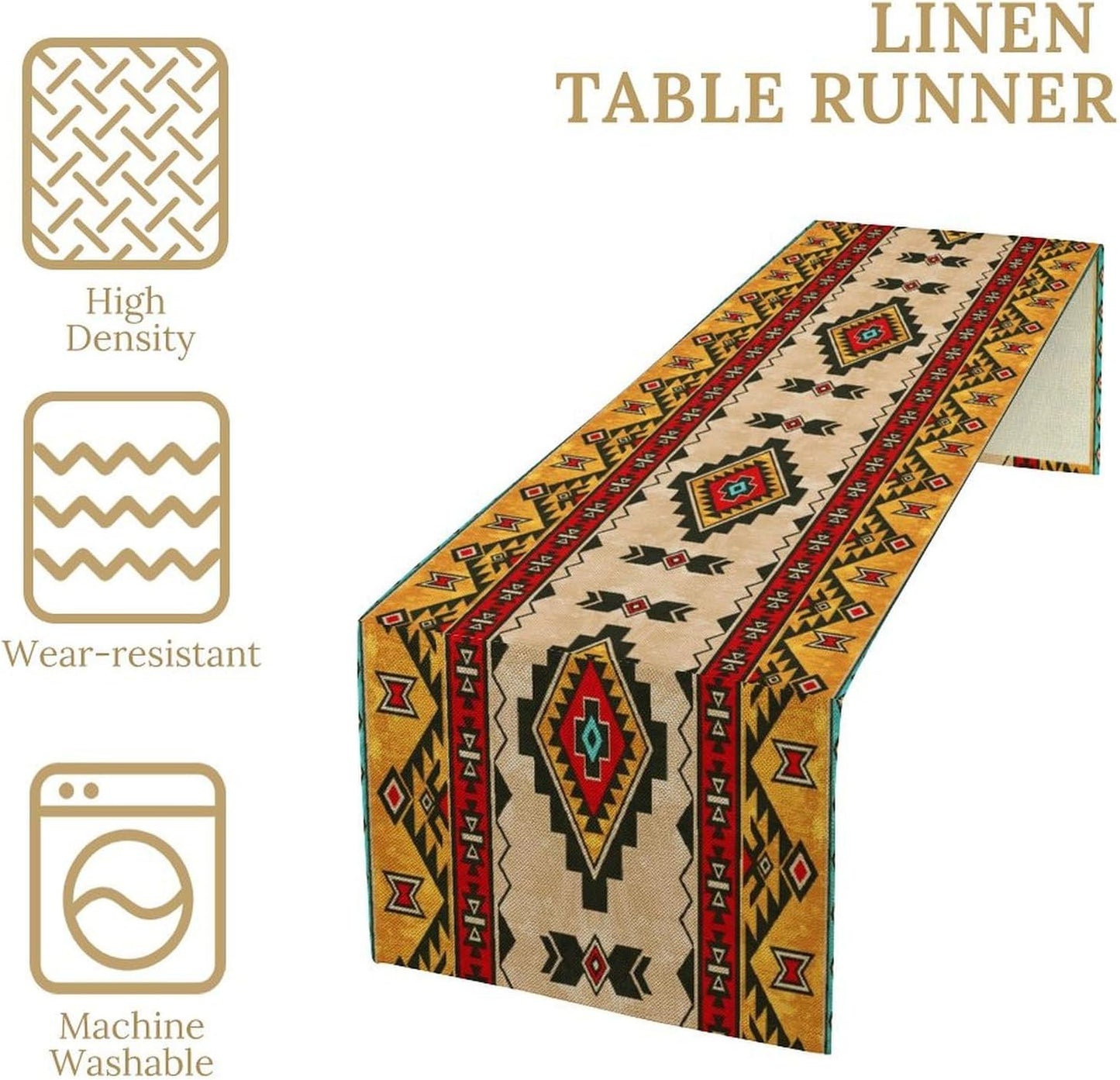 Aztec Southwest Table Runner,Ethnic Style Design Boho Geometric Pattern Printed Linen Table Runner for Home Kitchen