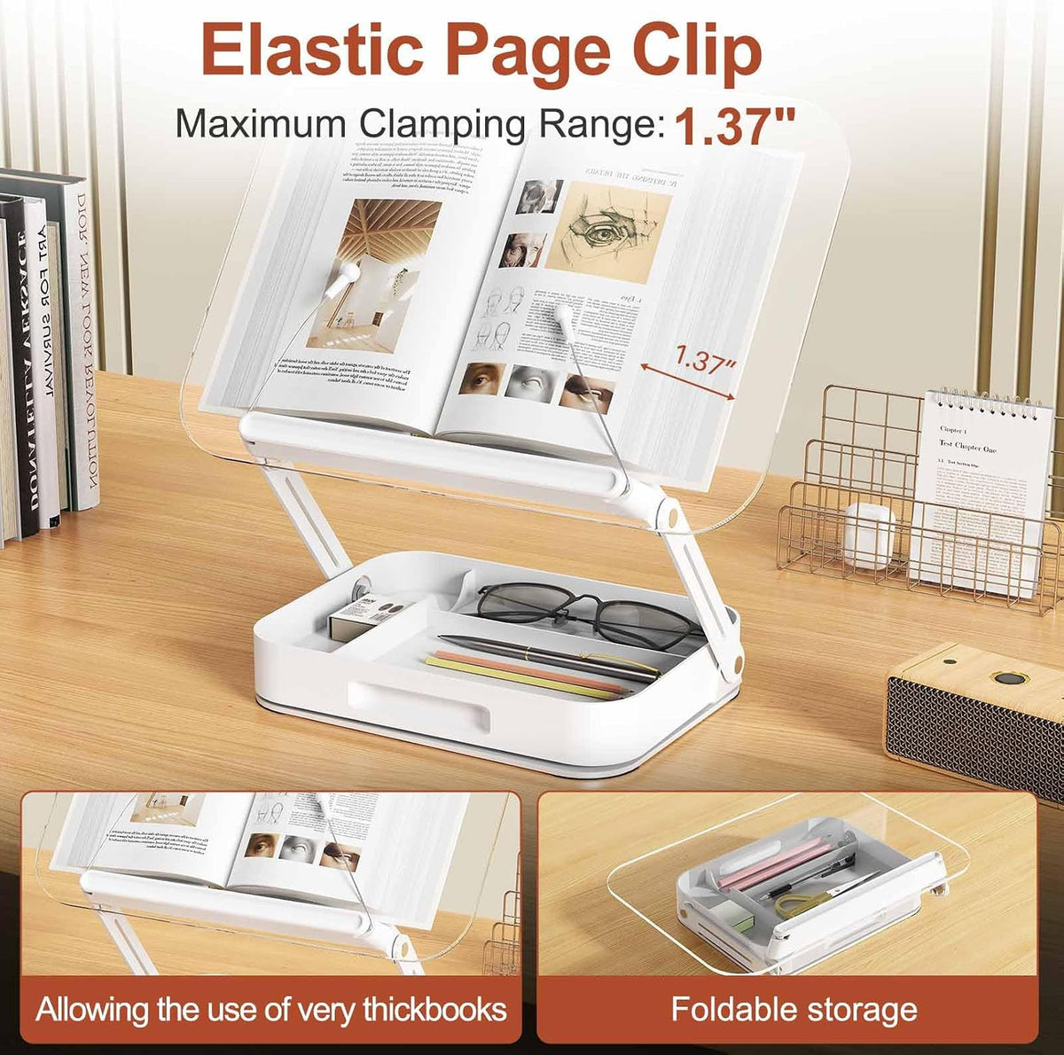 BYMECOST Acrylic Book Stand for Reading, Book Stand with Storage, White | 360° Rotating Base With Elastic Page Clips