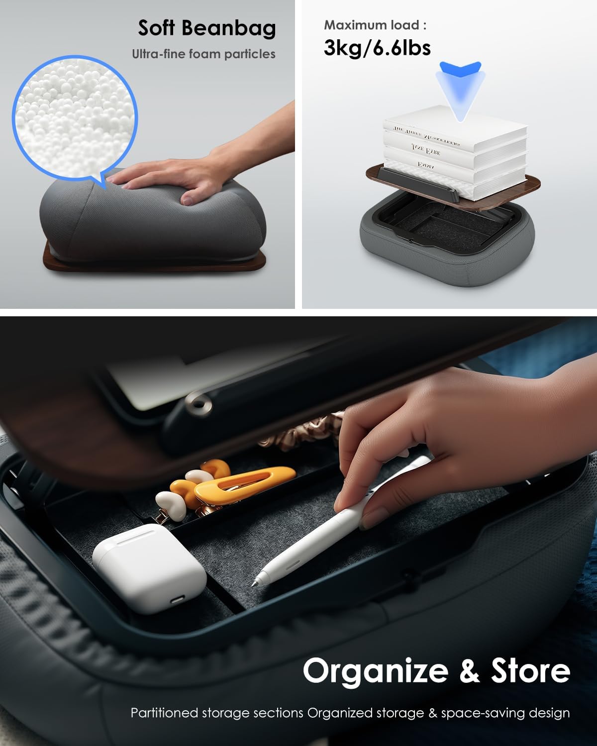 Viozon Lap Book Pillow Stand with Storage, Adjustable Beanbag Reading Pillow with Dark Wood Panel, Multi-Angle Book