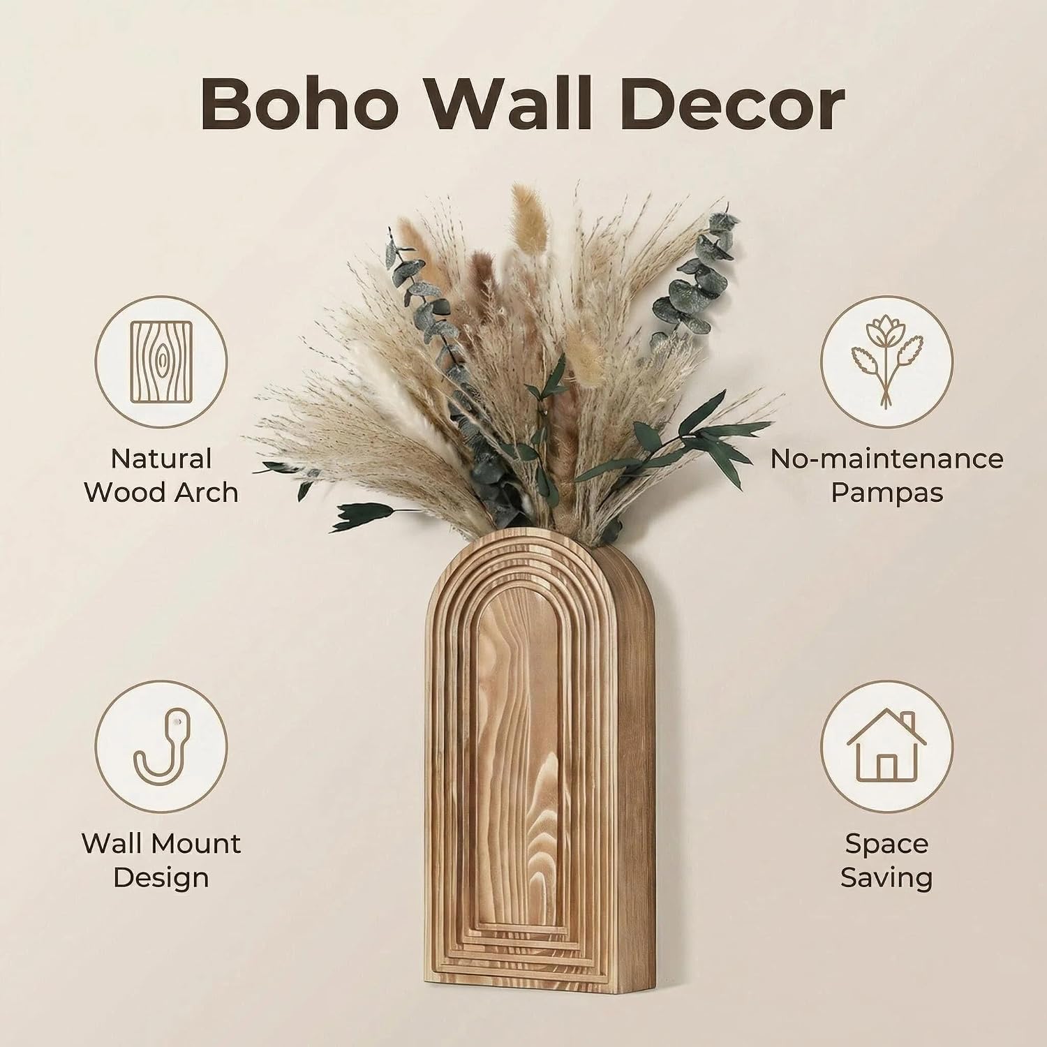 Wooden Wall Vases / Brown+dried Flowers / 2 PC / Set of 2