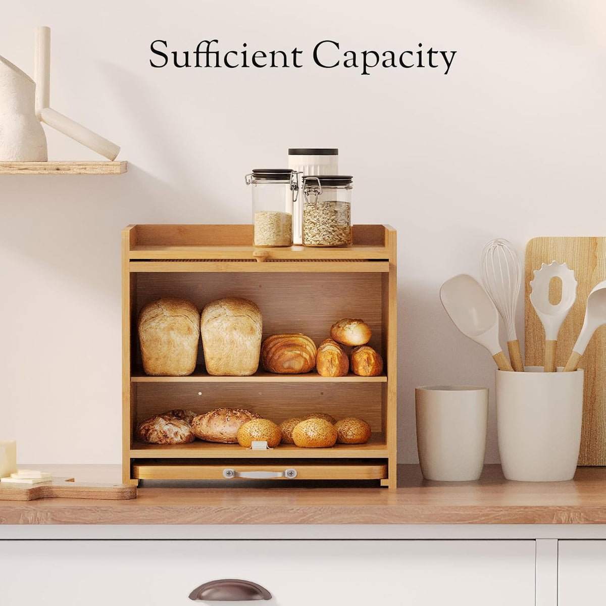Bamboo Bread Box, Double Layer, Cutting Board, Kitchen, Natural | See-Inside Acrylic, Magnetic Closure, Countertop