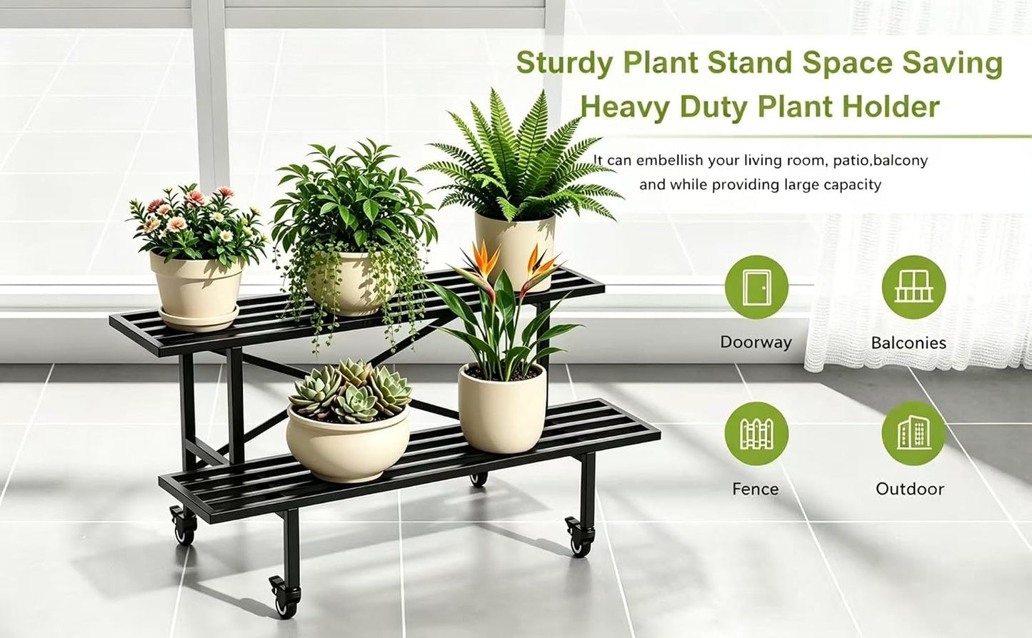 Zhongma 2 Tier Sturdy Metal Plant Stand with Wheels, L35.43 x W17.5 x H16.14 inch, Heavy Duty Plant Holder for Home