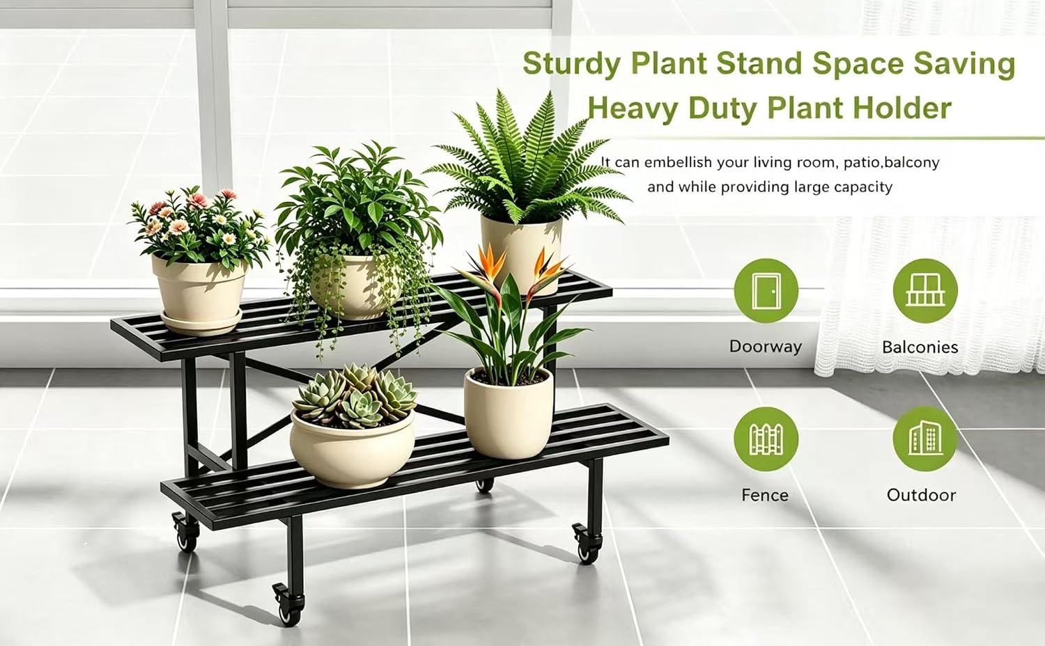 Zhongma 2 Tier Sturdy Metal Plant Stand with Wheels, L35.43 x W17.5 x H16.14 inch, Heavy Duty Plant Holder for Home