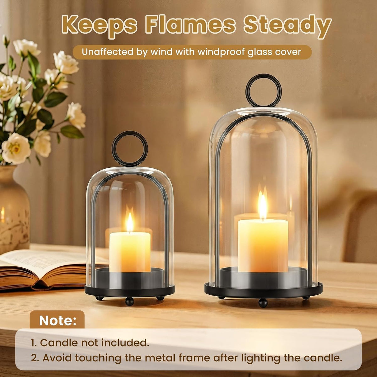 Metal Candle Holder, 5"&4" Wide Hurricane Glass Candle Holders with Handmade Glass Dome, Hanging Candle Lantern for