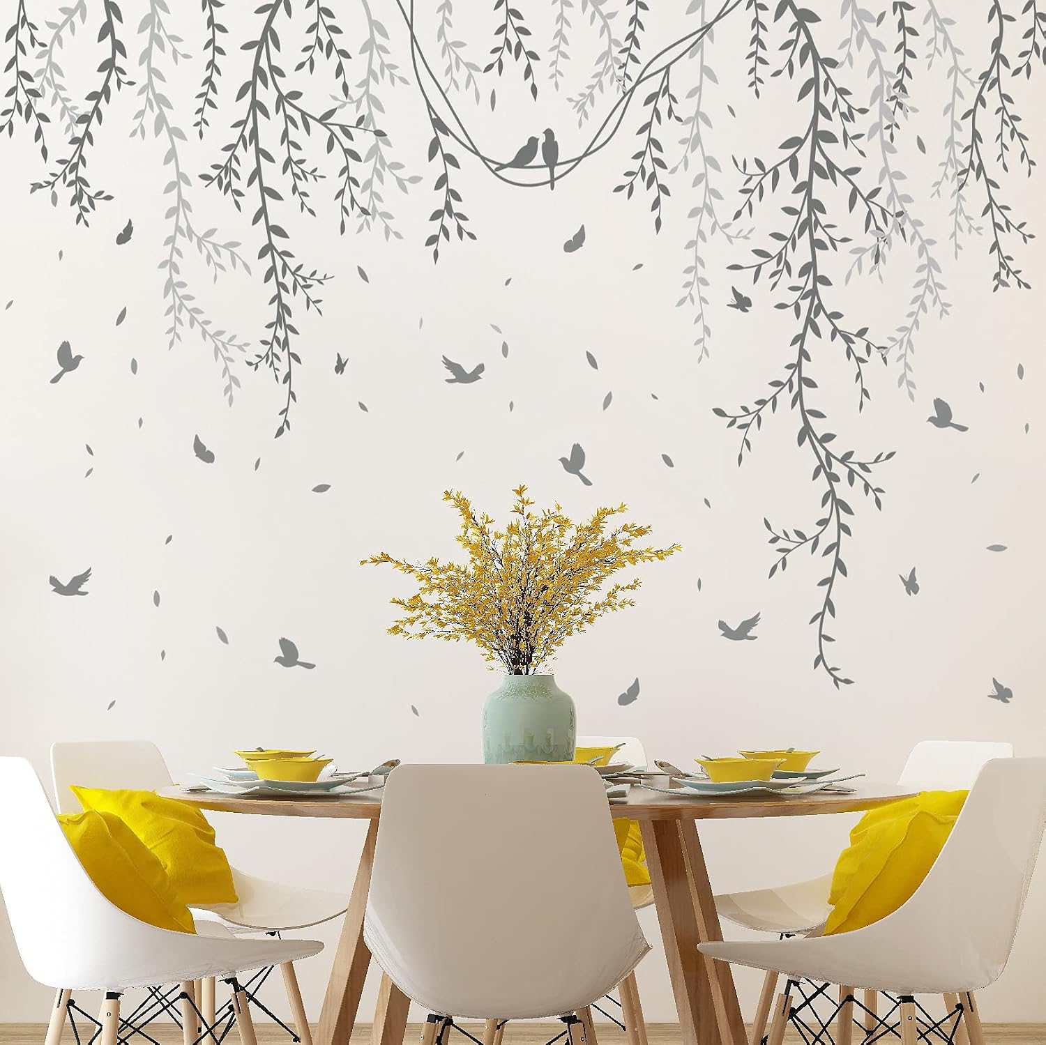 Hanging Willow Branch Wall Stickers DIY Vine Leaf Plant Wall Decals Peel and Stick Grass / Grey