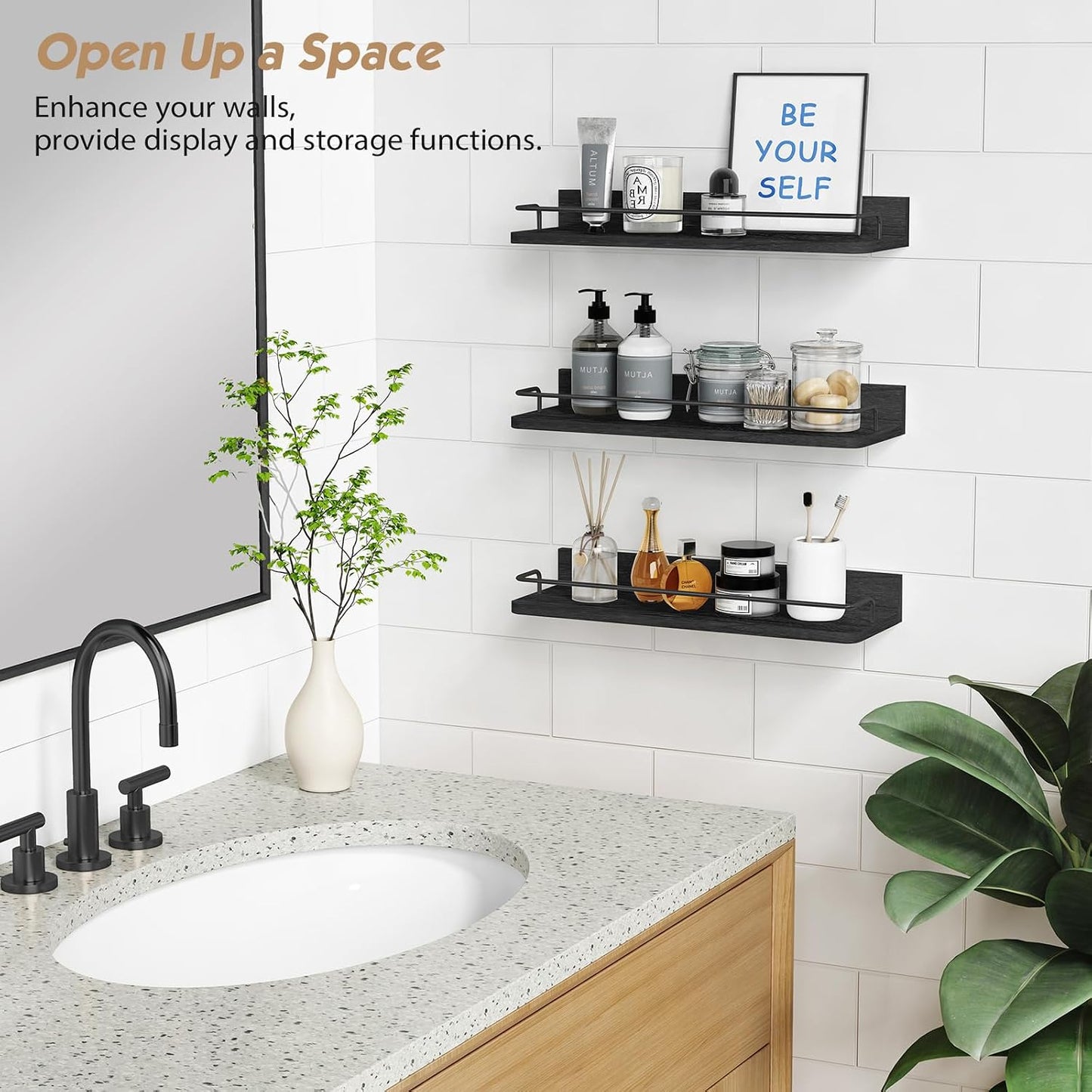 Forbena Black Floating Shelves for Wall, Bahtroom Wall Shelves Over Toilet, Rustic Hanging Shelf with Lip Rail for