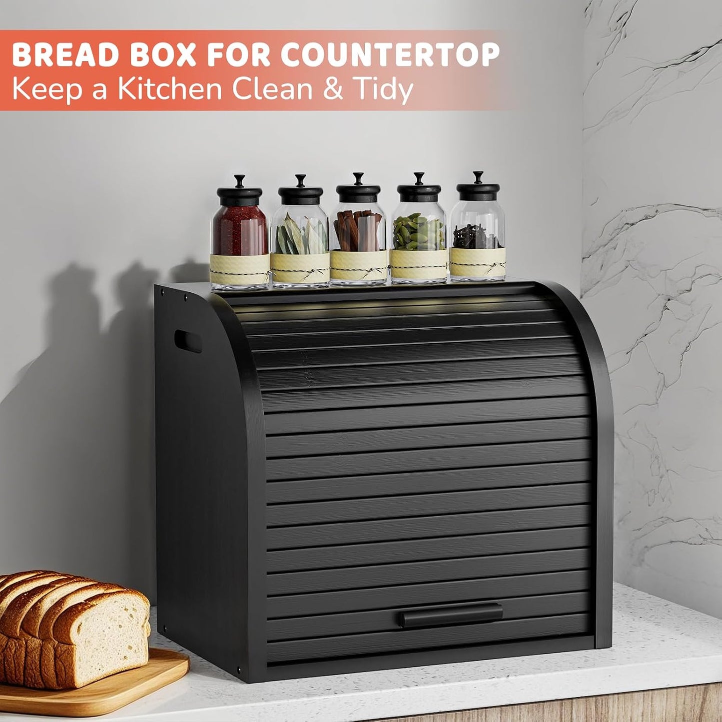 G.a HOMEFAVOR 2-Tier Bamboo Bread Box for Kitchen Counter, Black | Large Roll Top Bread Storage Container, Bread Holder