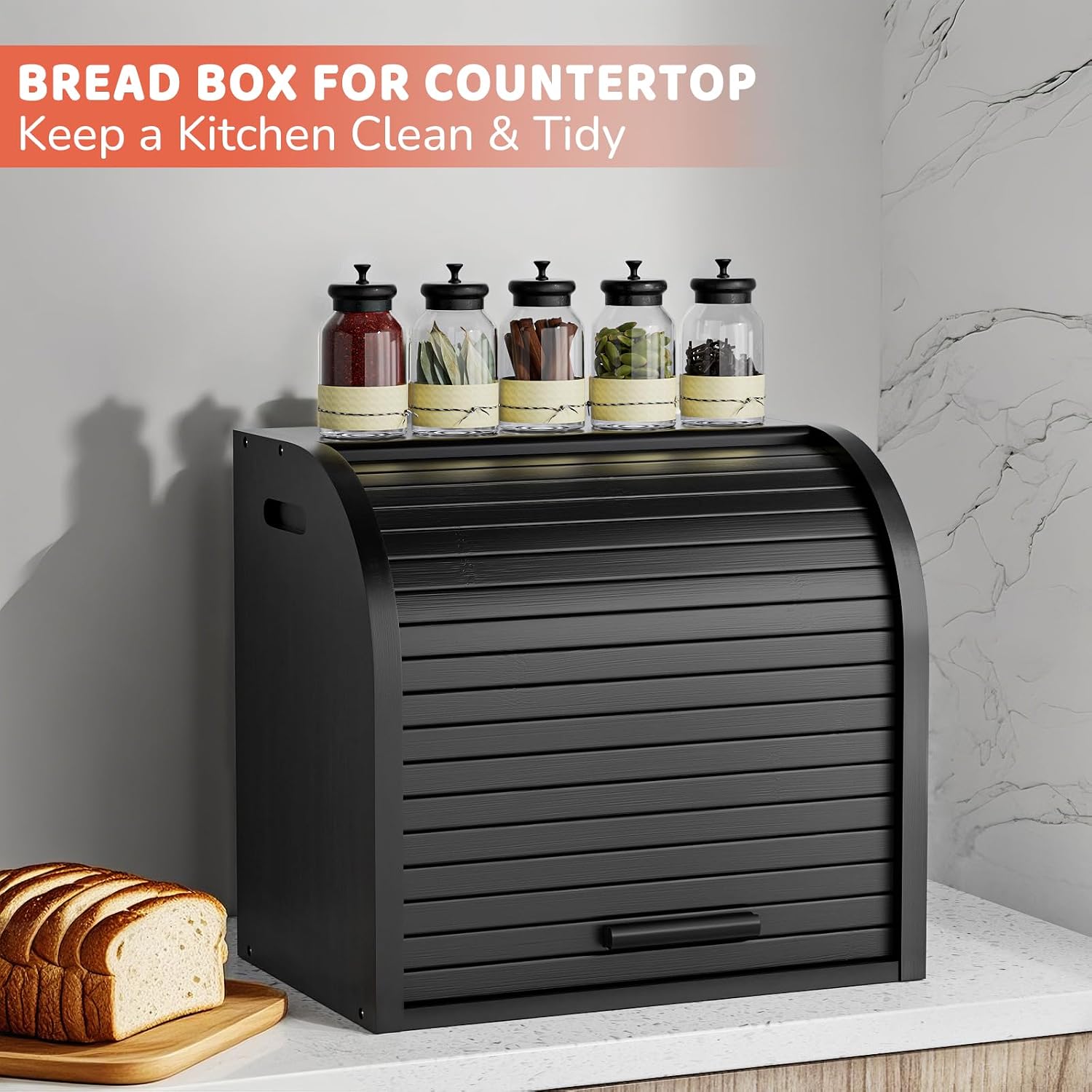 G.a HOMEFAVOR 2-Tier Bamboo Bread Box for Kitchen Counter, Black | Large Roll Top Bread Storage Container, Bread Holder
