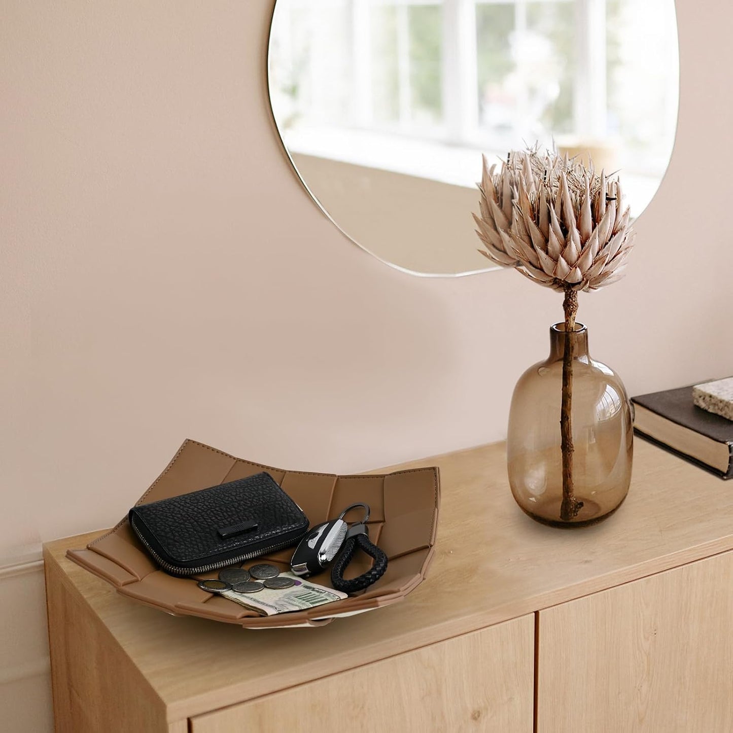 Valet Tray PU Leather Key Bowl for Men Women Entryway Table Nightstand Catchall EDC / Coffee + White