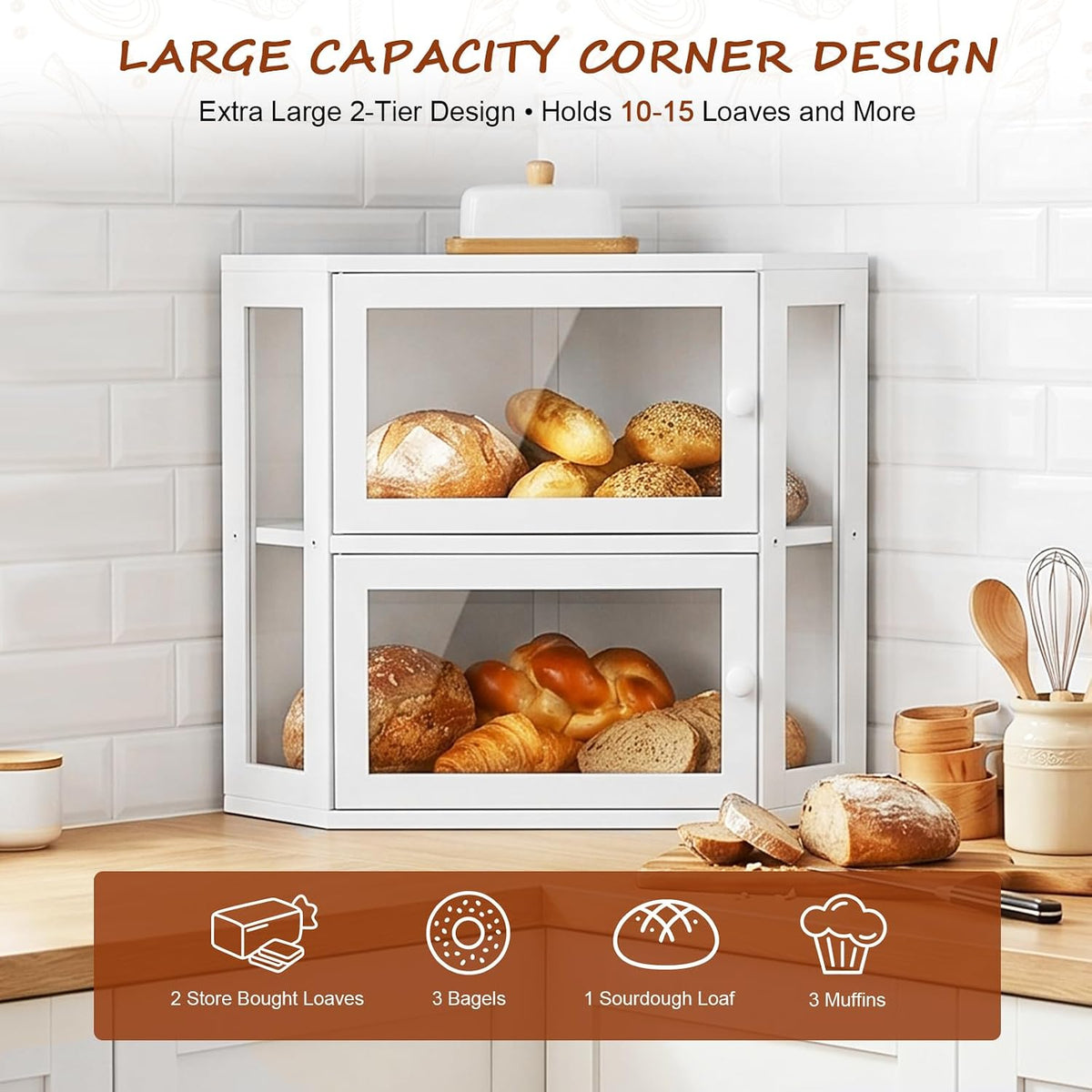 Corner Bread Box for Kitchen Countertop,Large Bread box,White | 2 Tier Bamboo Wood Corner Bread Box for Homemade Bread