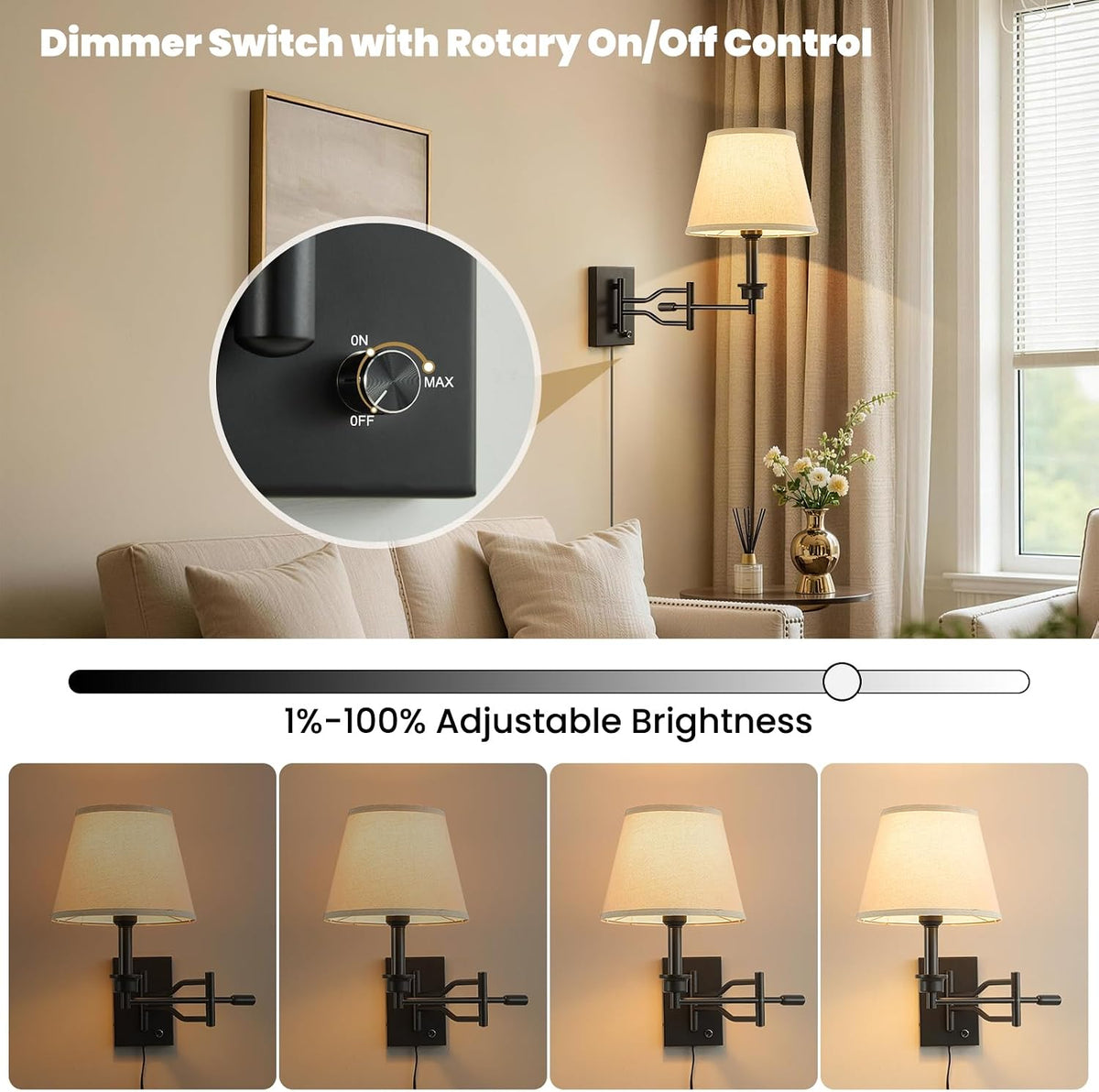 15" Black Swing Arm Wall Sconce Adjustable Wall Lamp, Plug in Wall Sconce with Dimmer Switch, Wall Mounted Reading